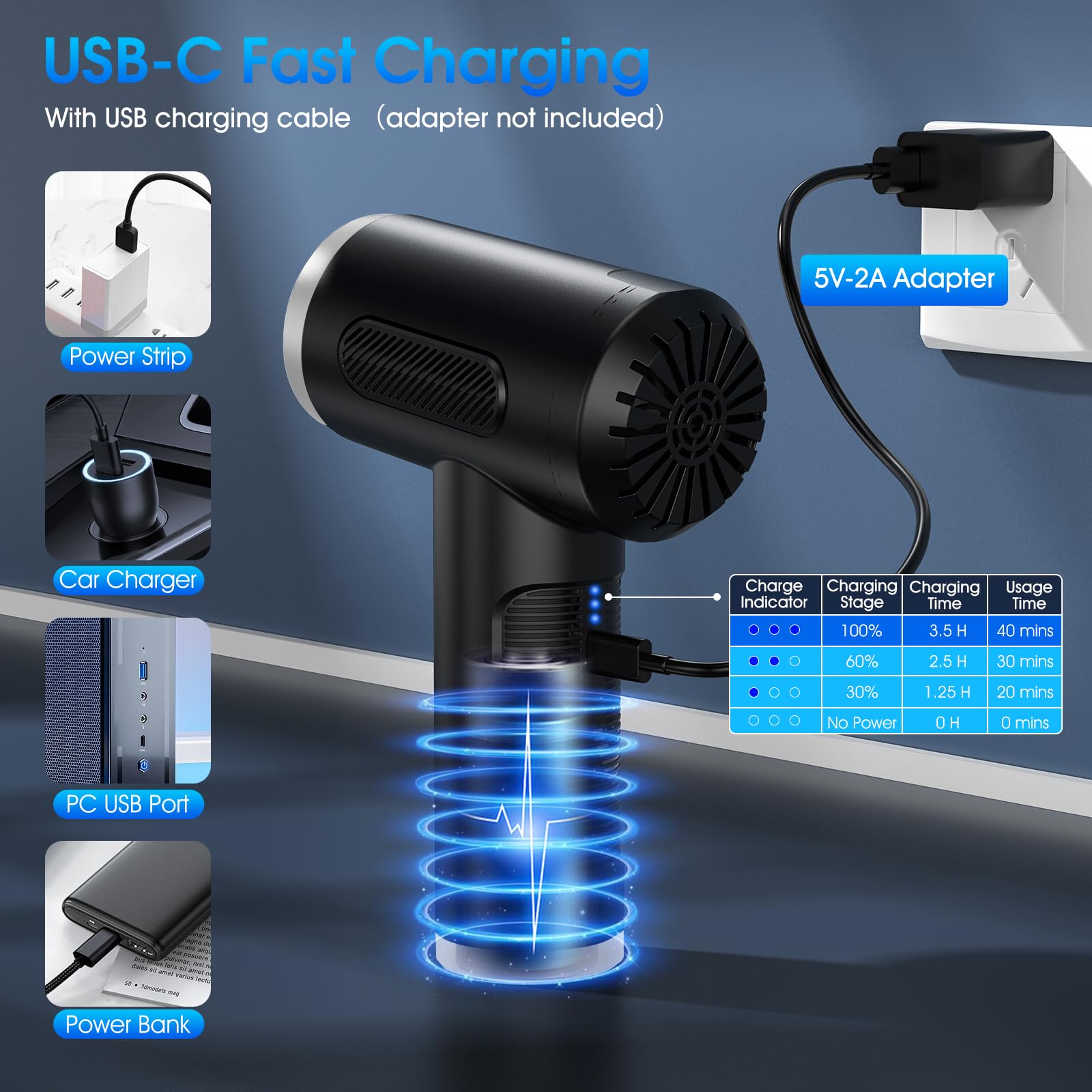 Rechargeable Electric Air Duster - 100,000 RPM High-Speed Compressed Air Blower for Computers, Keyboards & Electronics | 3-Speed Adjustable, LED Light, 8-Piece Cleaning Kit | Perfect for PC Maintenance, Dusting Electronics & Car Detailing