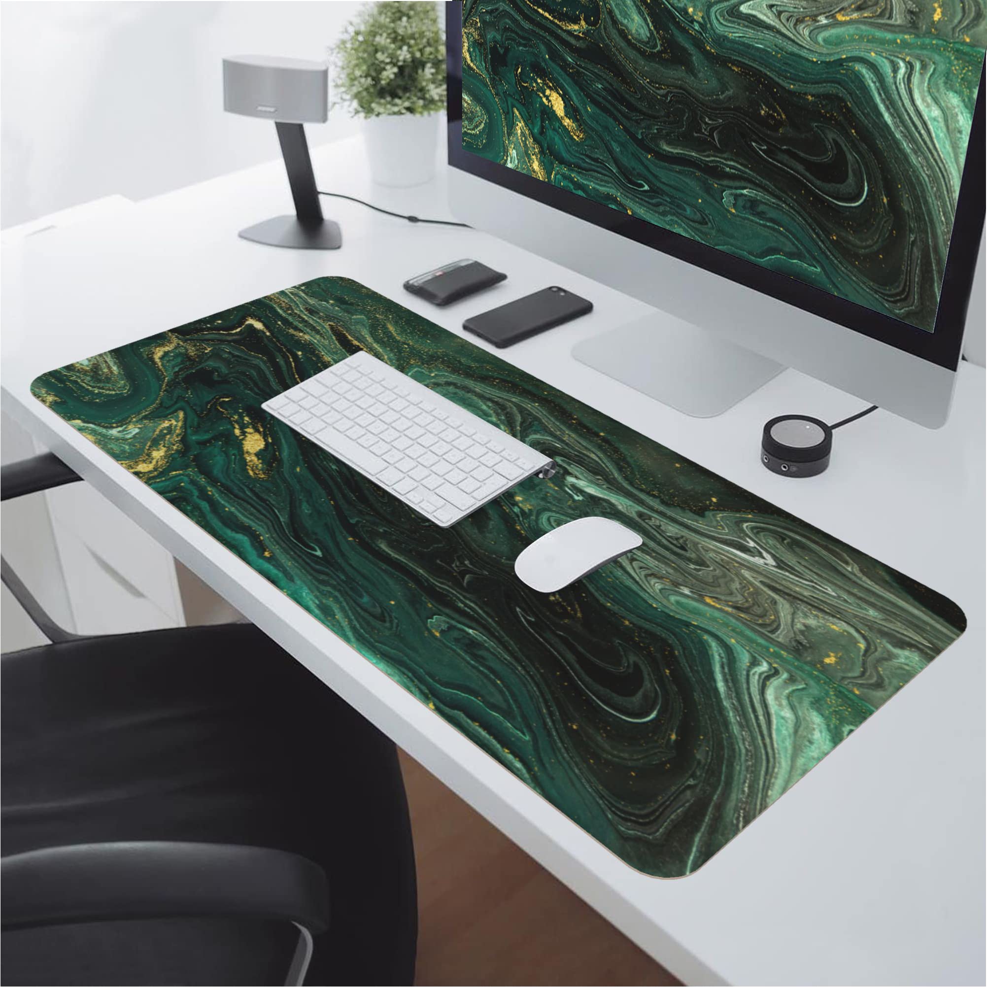 Premium Green Gold Liquid Marble Extended Gaming Mouse Pad - Non-Slip Rubber Base with Stitched Edges (31.5x15.7 Inch) for Office Work, PC Gaming & Computer Use - Perfect for Workstations, Gaming Setups & Home Offices