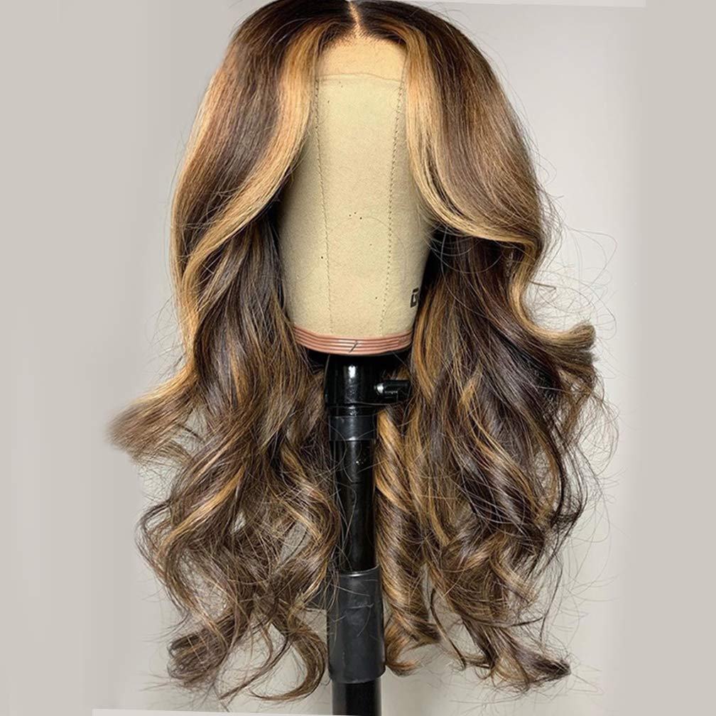 13x4 Lace Front Human Hair Wig - Long Ombre Balayage Highlight Wig with Loose Waves for Black & White Women | Brown to Blonde Mix | Perfect for Parties, Weddings & Daily Wear