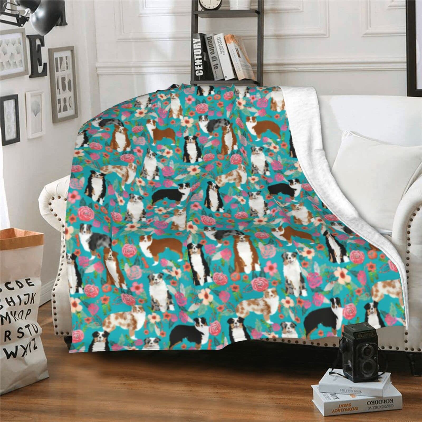 Australian Shepherd Dogs Floral Throw Blanket | Ultra Soft Micro Fleece Blanket for Bed, Couch & Living Room | Cozy Home Decor for Adults & Pet Lovers | Perfect for Reading Nooks, Movie Nights & Cuddling with Pets