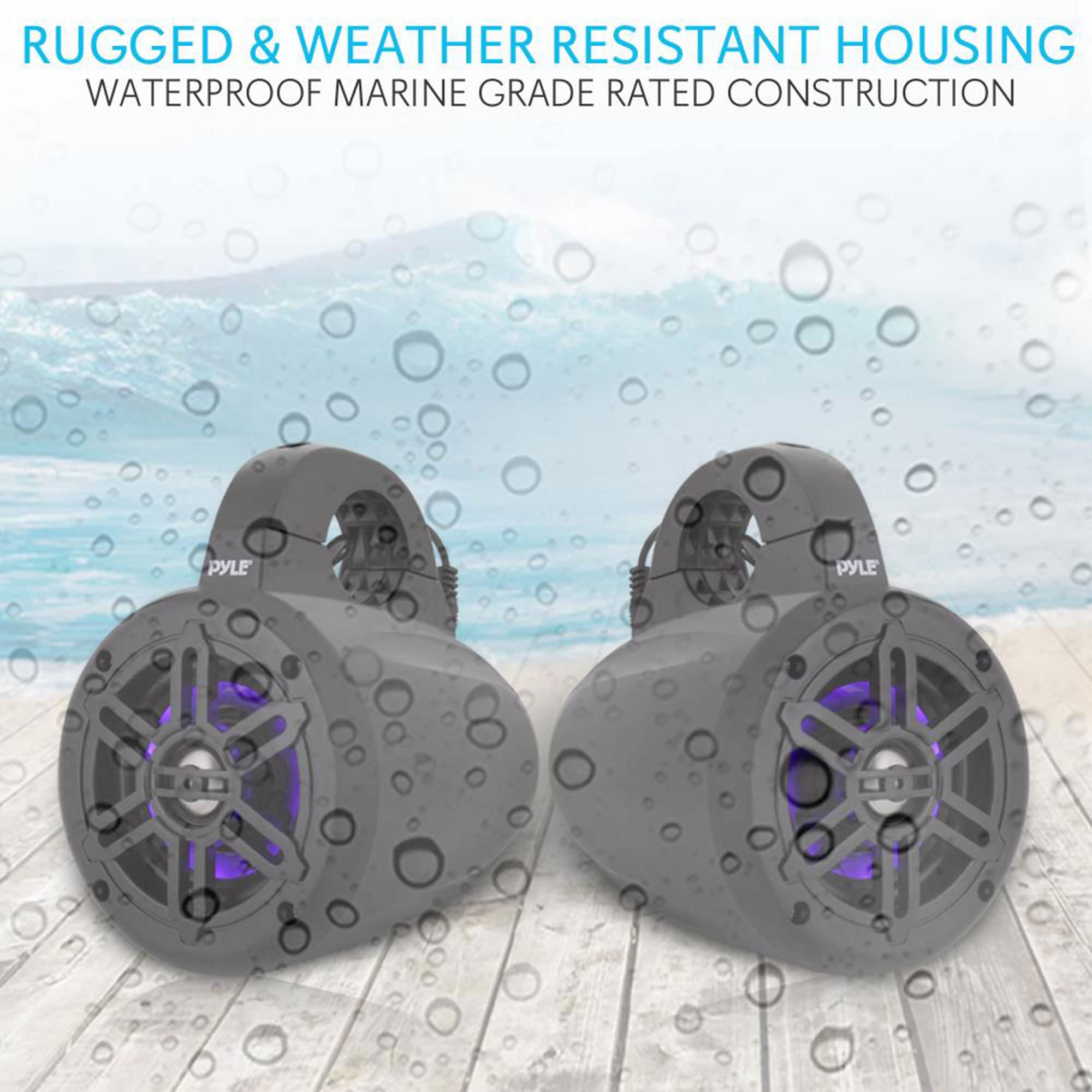 Pyle Waterproof Marine Wakeboard Tower Speakers - 4 Inch Dual Subwoofer Bluetooth Speaker Set with LED Lights for Wireless Music Streaming - Boat Audio System with Mounting Clamps - Perfect for Wakeboarding, Boating, and Outdoor Water Sports