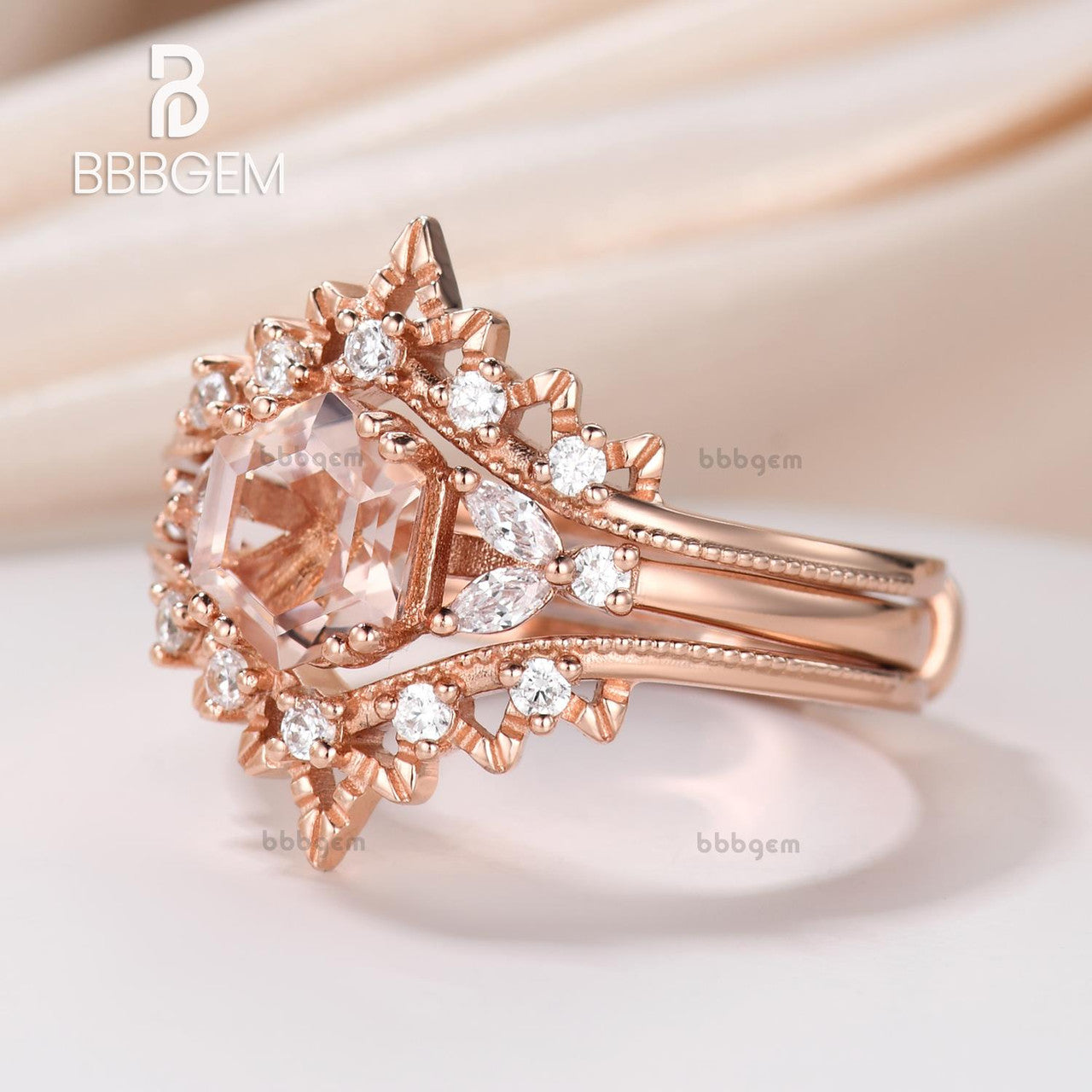 Vintage Natural Morganite Hexagon Ring Set with Diamond Accents & Open Milgrain Enhancer Band in Rose Gold - Perfect for Engagement, Wedding, Anniversary & Special Occasions