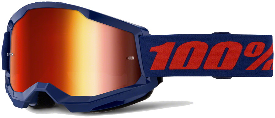 100% Strata 2 Goggles - Navy/Mirror Red Lens - UV Protection Sports Sunglasses for Cycling, Running & Outdoor Activities