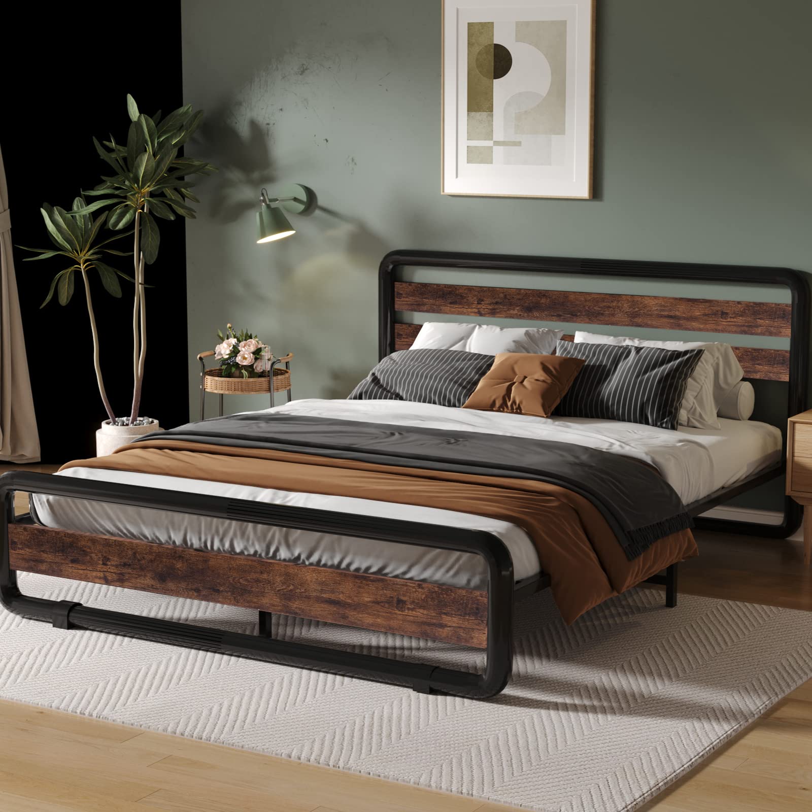 **SUSSURRO Full Size Bed Frame with Wood Headboard & Footboard - Heavy Duty Platform Bed with Under Bed Storage, No Box Spring Needed, Noise-Free, Brown - Perfect for Small Bedrooms, Guest Rooms & Modern Home Decor**