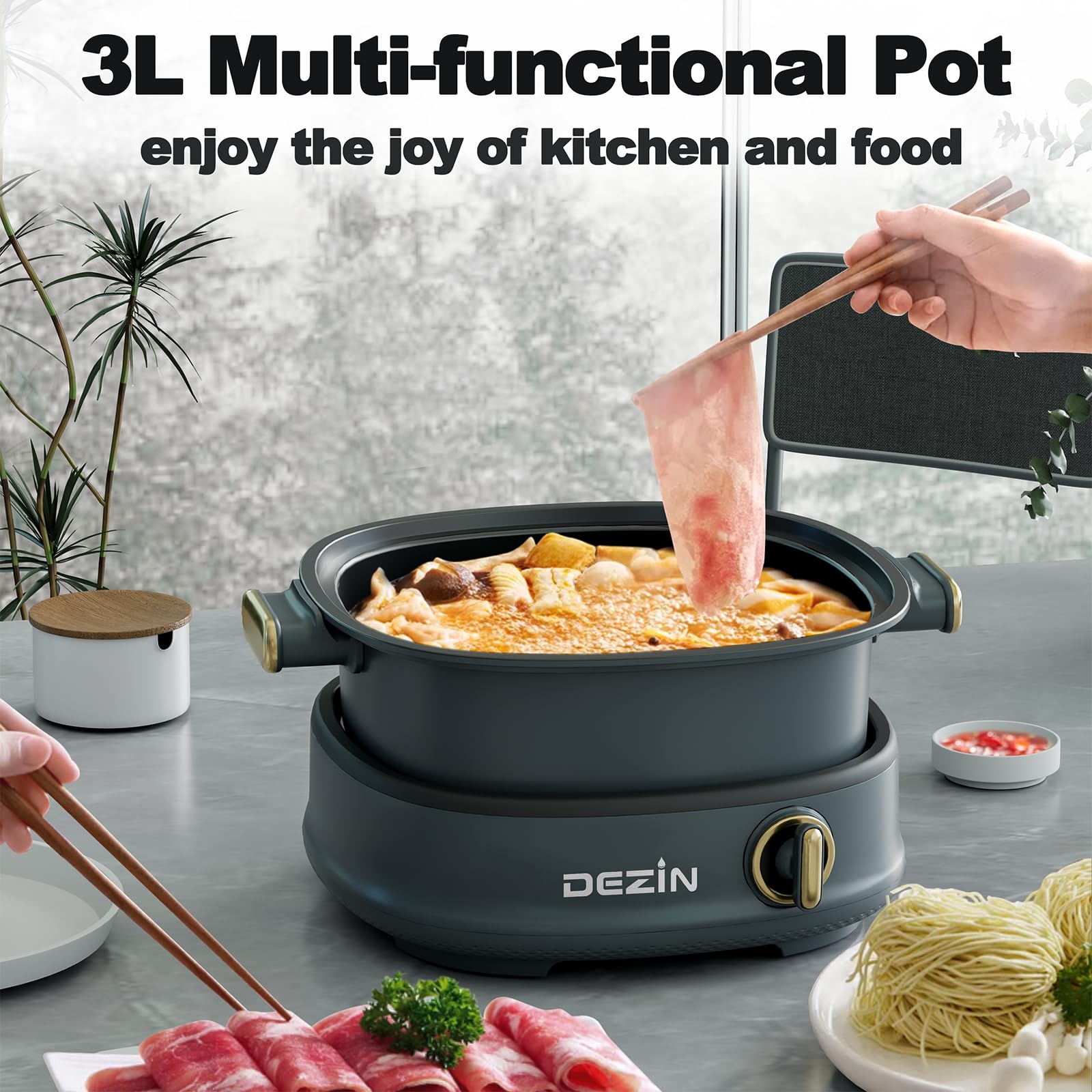 Electric Shabu Shabu Hot Pot with Removable 3L Non-Stick Pot, Steamer & Grill - 3-in-1 Multi-Cooker with Dual Power Control for Home, Party & Family Gatherings | Perfect for Asian Cooking, Hot Pot Nights & Entertaining Guests