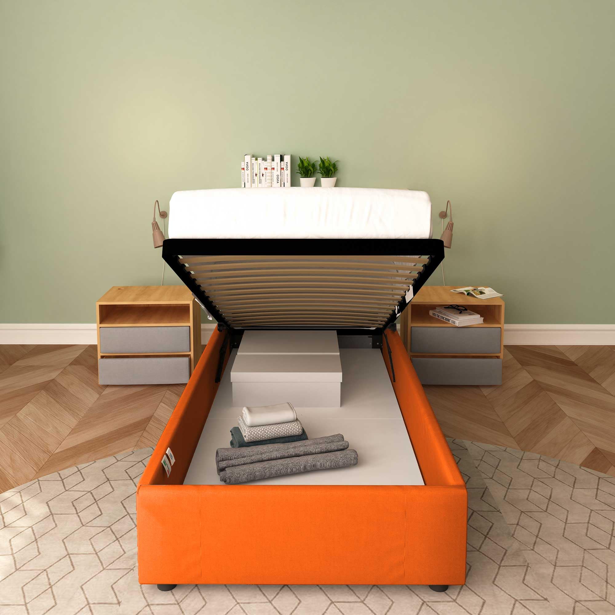 Baldiflex Cloe Square and Half Bed with Storage Container, Fabric Frame, No Headboard, Slatted Base for Mattresses, 100 x 200 cm, Orange - Perfect for Small Bedrooms, Guest Rooms & Studio Apartments