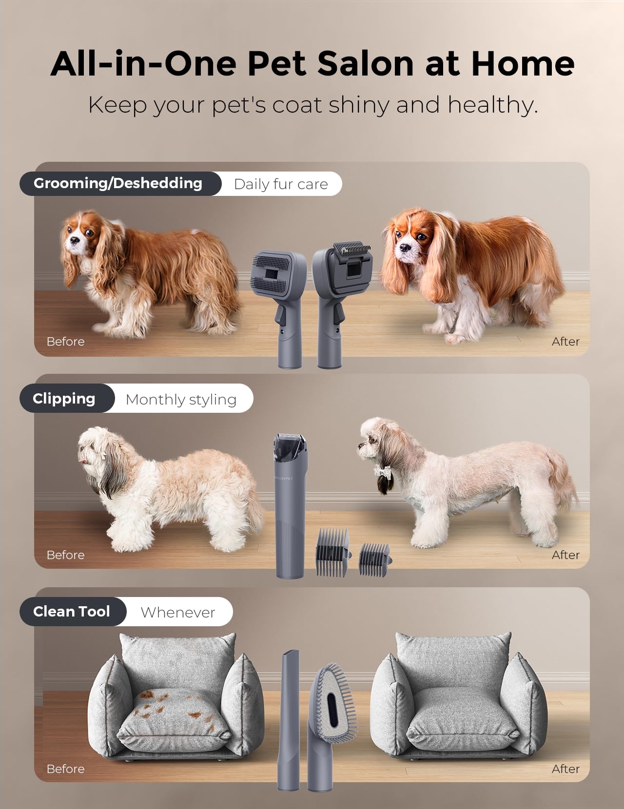 FurEase Dog Grooming Vacuum Kit - 13000Pa Powerful Pet Hair Vacuum with 5 Grooming Tools & 2.6L Dust Cup | Dog Clippers, Shedding Brush & Grooming Accessories | Perfect for Home Pet Grooming & Shedding Control