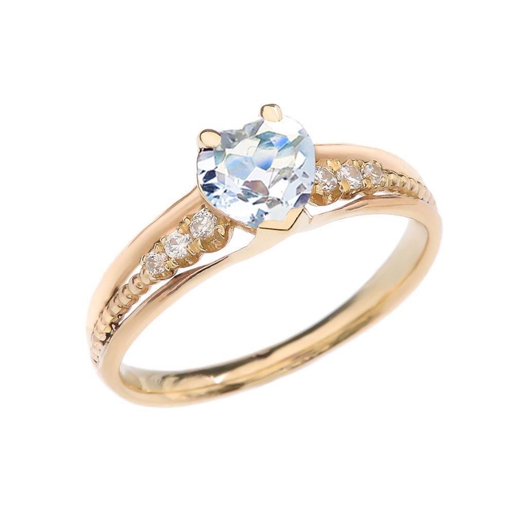 10K Yellow Gold Diamond & Aquamarine Birthstone Heart Beaded Promise Ring for Women - Size 8 | Elegant Jewelry Gift for Anniversary, Valentine's Day & Special Occasions