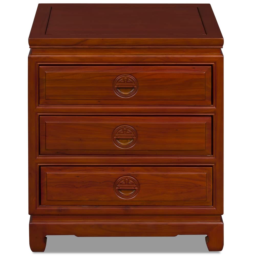 Elmwood Chinese Nightstand with 3 Drawers - Longevity Design Solid Wood Bedside Table - Natural Finish for Bedroom, Living Room & Guest Room Furniture
