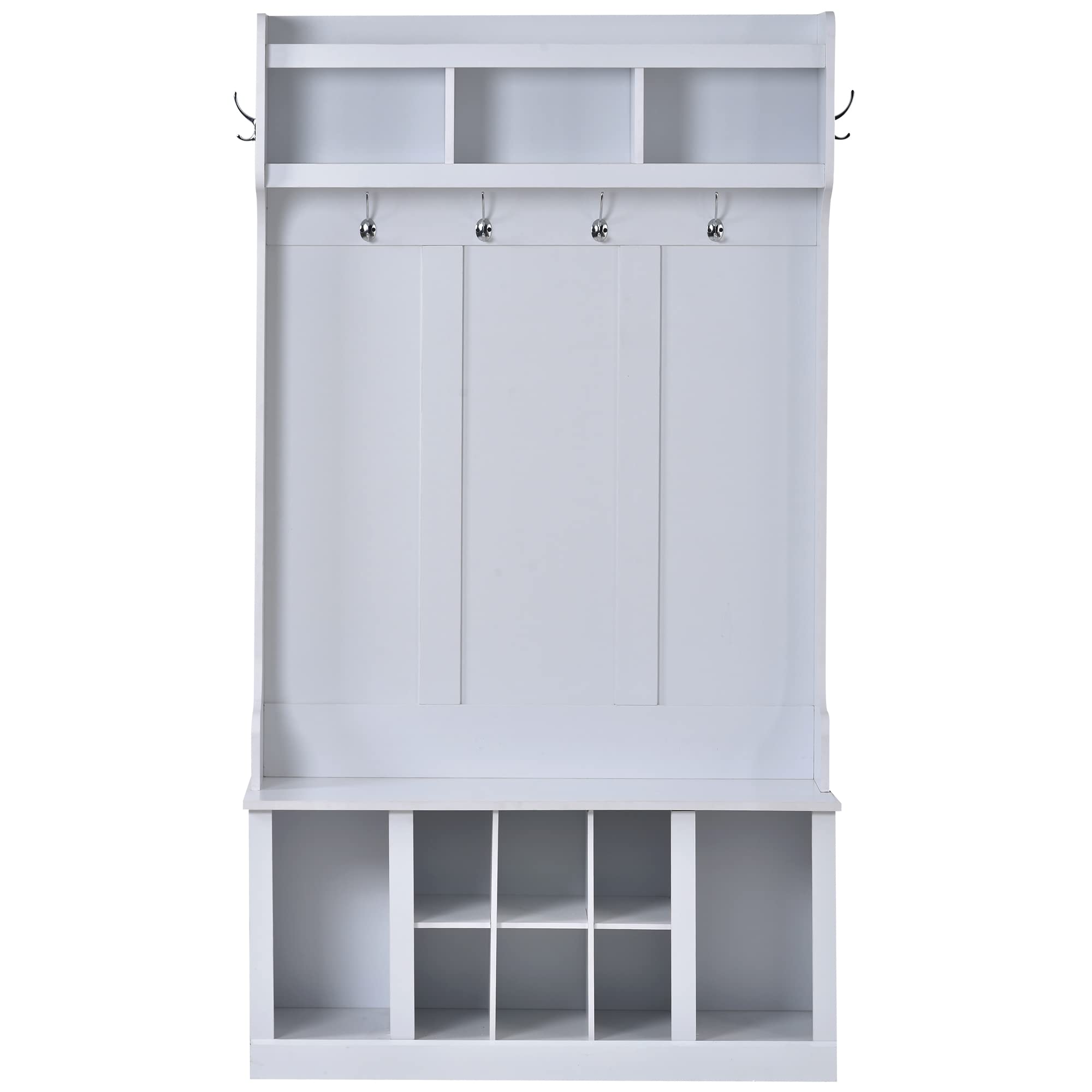 SUNRAR 3-in-1 Hall Tree with Bench, Shoe Storage & Coat Rack - Entryway Organizer with 6 Hooks, White - Perfect for Mudroom, Foyer & Hallway Organization | Space-Saving Furniture for Shoes, Coats & Accessories