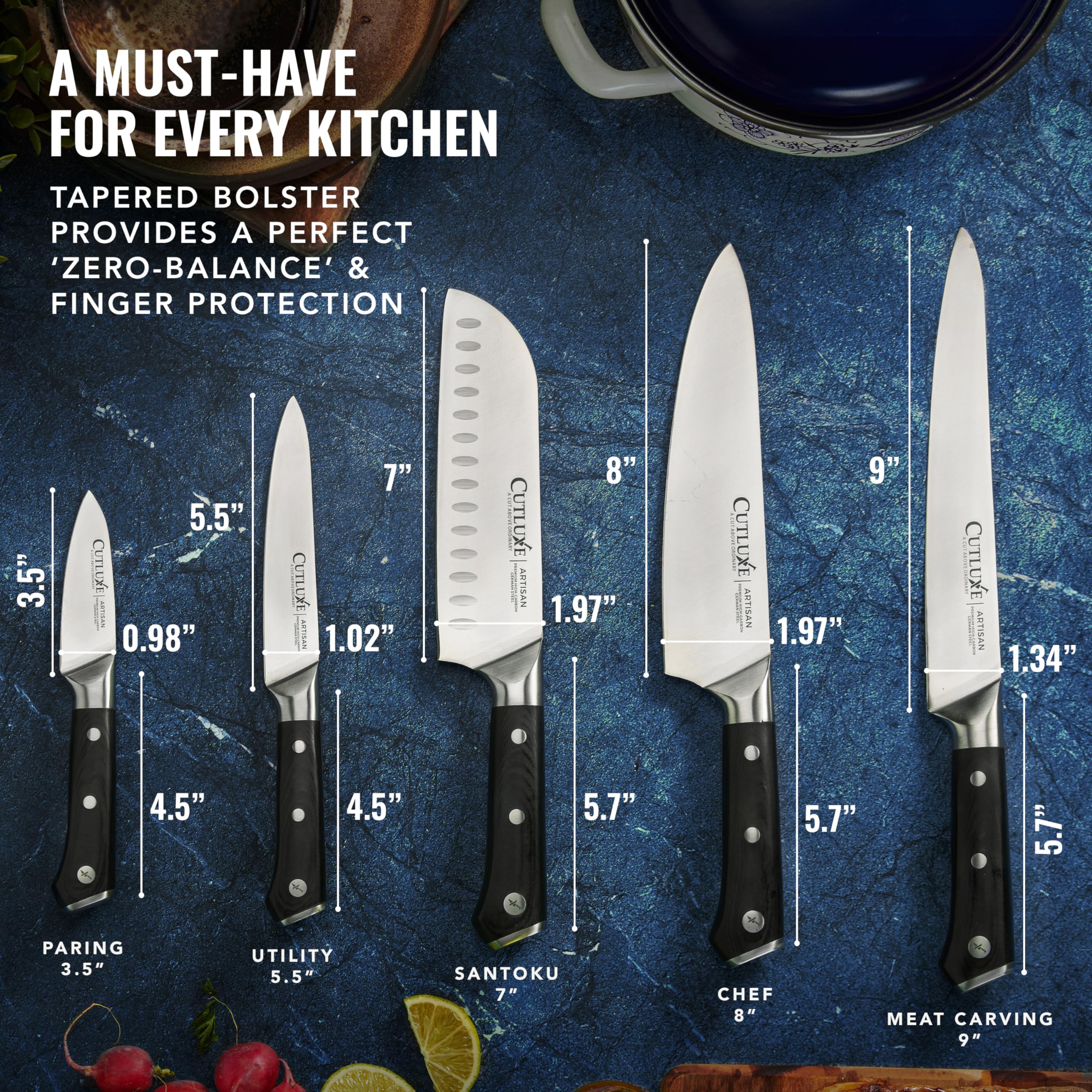 Cutluxe 5-Piece Professional Chef Knife Set - Razor Sharp German Stainless Steel with Full Tang & Ergonomic Handles - Artisan Series for Home Cooking, Restaurant Use & Gourmet Food Preparation