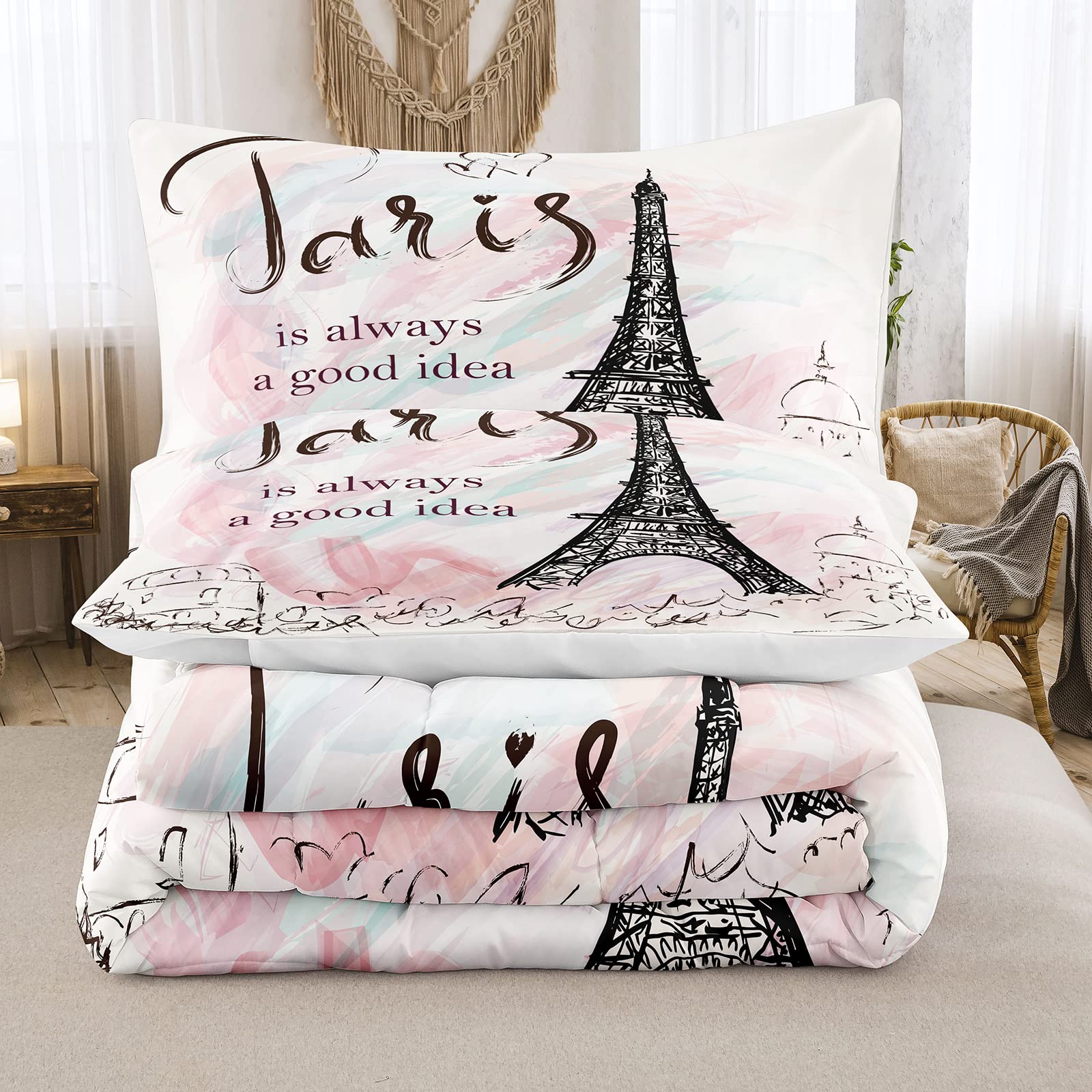 Bodhi Girls Pink Paris Comforter Bedding Set Queen Size - Eiffel Tower Design with Matching Pillowcases | Soft & Cozy Bed Set for Teen Girls' Room Decor, Dorm Essentials, Birthday Gift