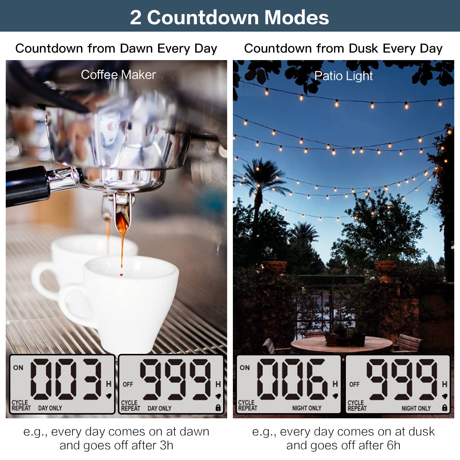 1s to 999h Adjustable Digital Timer Plug - Outdoor Waterproof Electrical Outlet with Countdown & Light Sensor - Perfect for Holiday Lights, Aquariums, and Garden Irrigation (15A 1HP)
