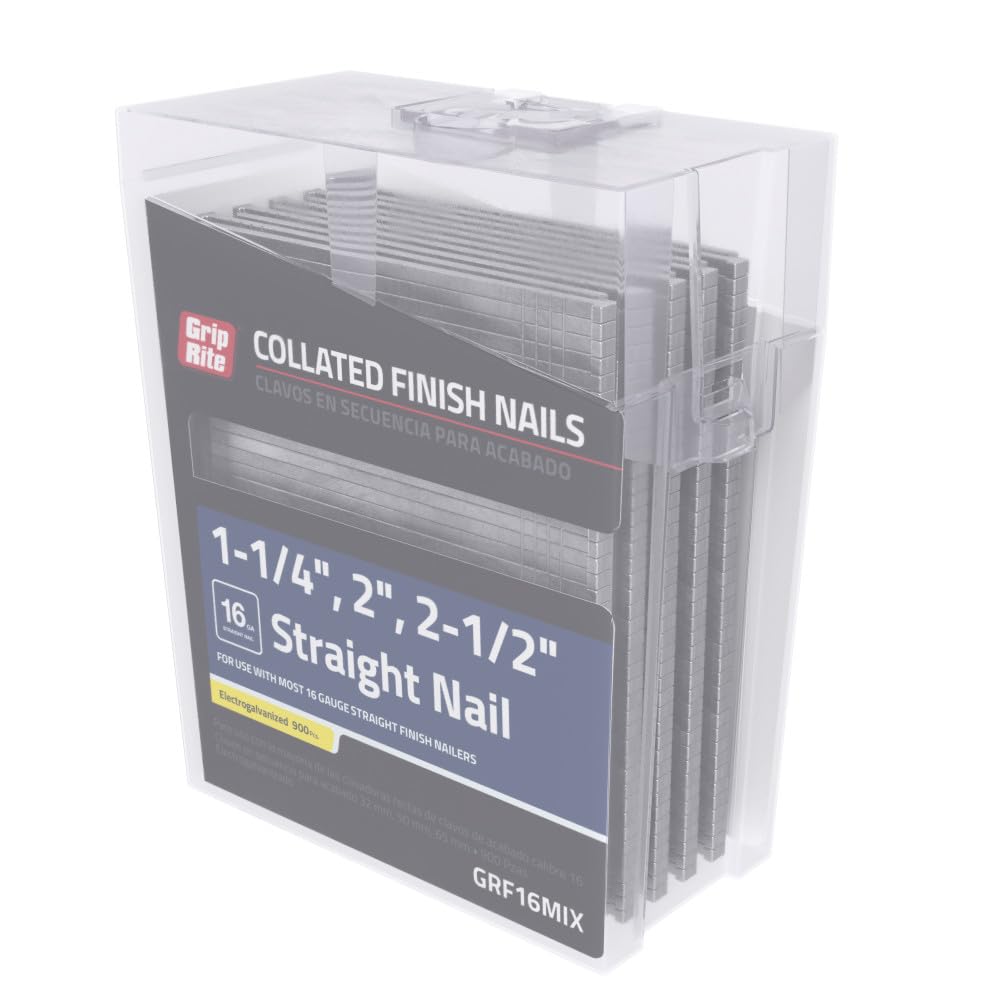 Grip Rite Prime Guard GRF16MIX 16 Gauge Electrogalvanized Straight Collated Finish Nails - 2', 2-1/2', 1-1/4' Mix Pack for Trim, Cabinetry, and Woodworking Projects