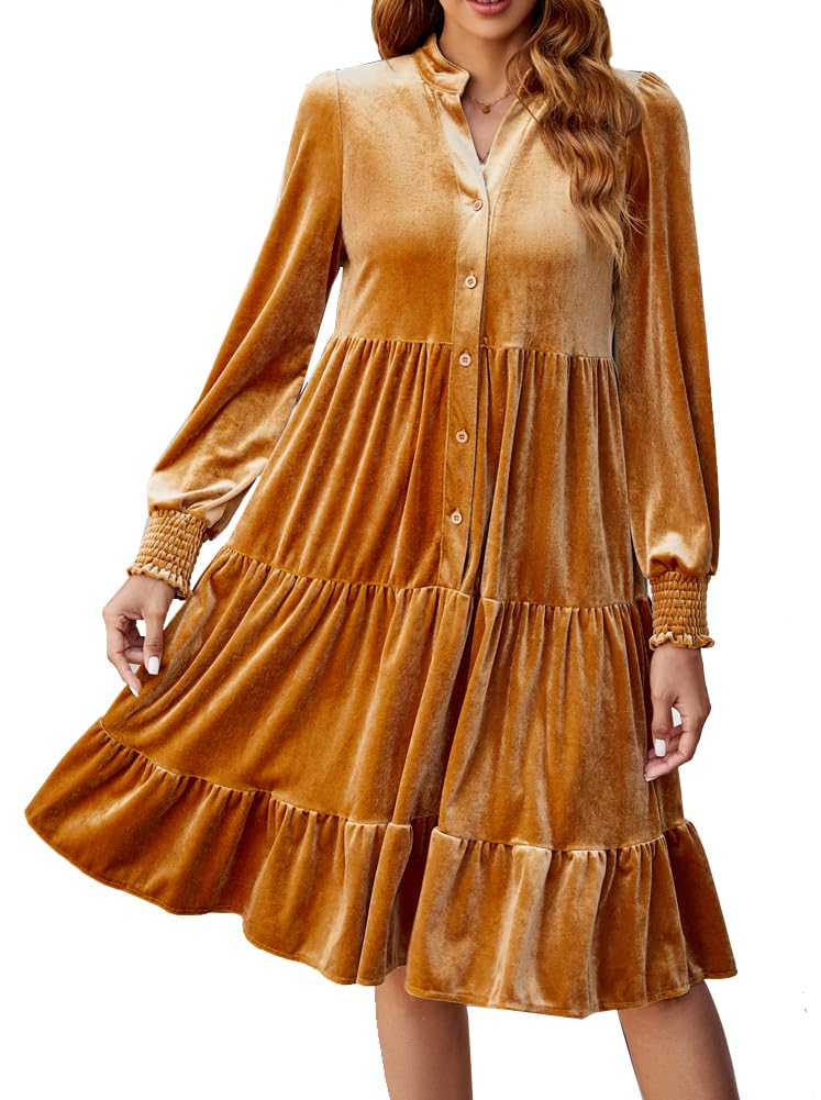Kedera Women's Elegant Velvet V-Neck Tiered Babydoll A-Line Dress for Wedding, Bridesmaid, Party & Formal Occasions - Soft Flowy Midi Dress for Special Events