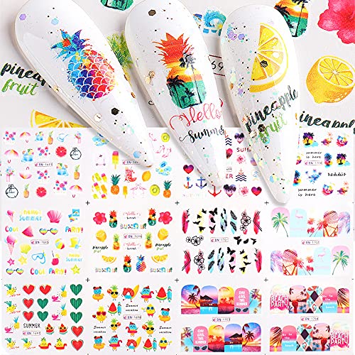 12 Sheets Summer Nail Stickers - Colorful Fruit & Tropical Nail Art Decals (Pineapple, Watermelon) for DIY Manicure | Water Transfer Nail Designs for Beach Vacation, Pool Party & Summer Nail Art