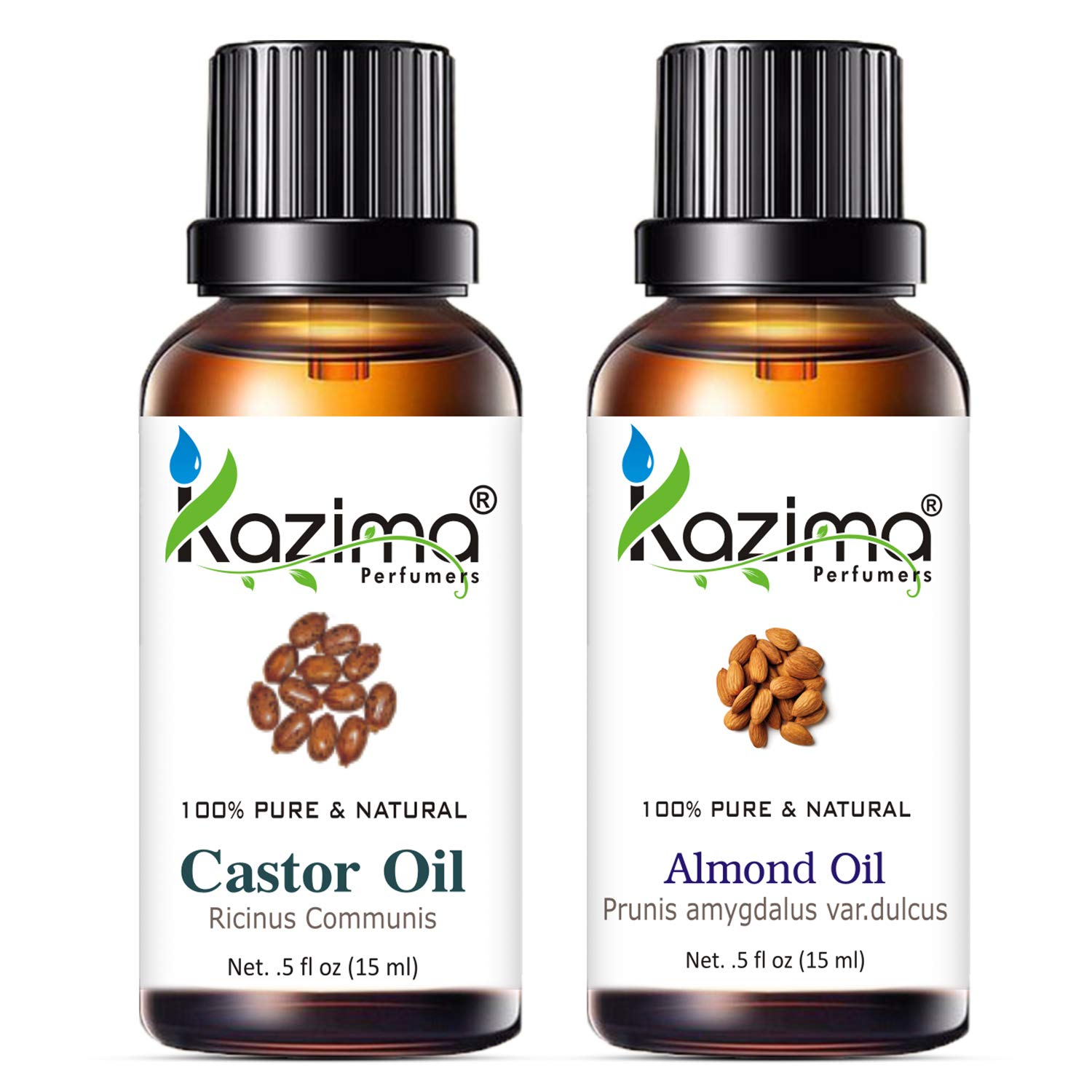 KAZIMA 100% Pure Cold Pressed Castor Oil & Almond Oil Combo (15ml Each) - Natural Carrier Oil for Acne, Hair Growth, Scalp Moisturizing & Dandruff Control | Perfect for DIY Beauty, Skin Care & Hair Treatment