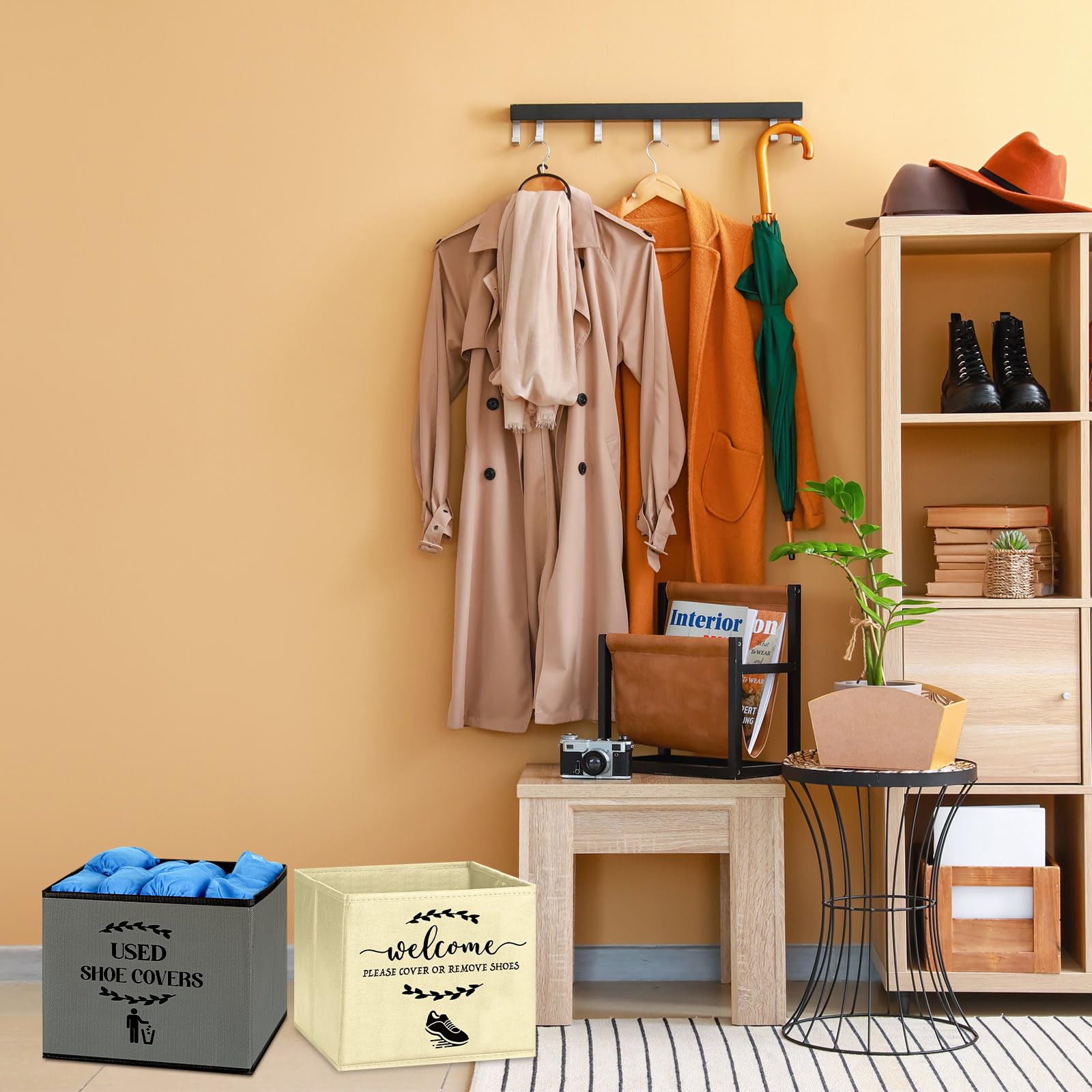 2 Pack Foldable Shoe Cover Dispenser Box with Used Shoe Cover Bin & Welcome/Remove Sign - Dark Gray & Beige for Open House, Real Estate Showings & Home Visits