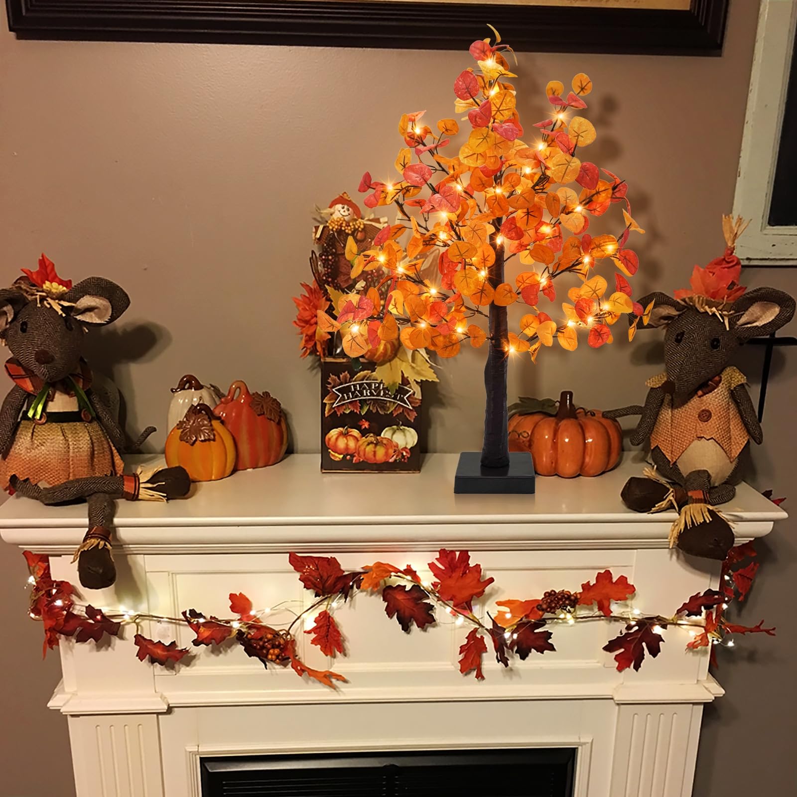 24 Inch Artificial Eucalyptus Tree with 55 LED Lights - Battery Operated Fall Decor with Timer for Home, Wedding, Thanksgiving | Indoor Tabletop Centerpiece for Autumn Harvest Decorations