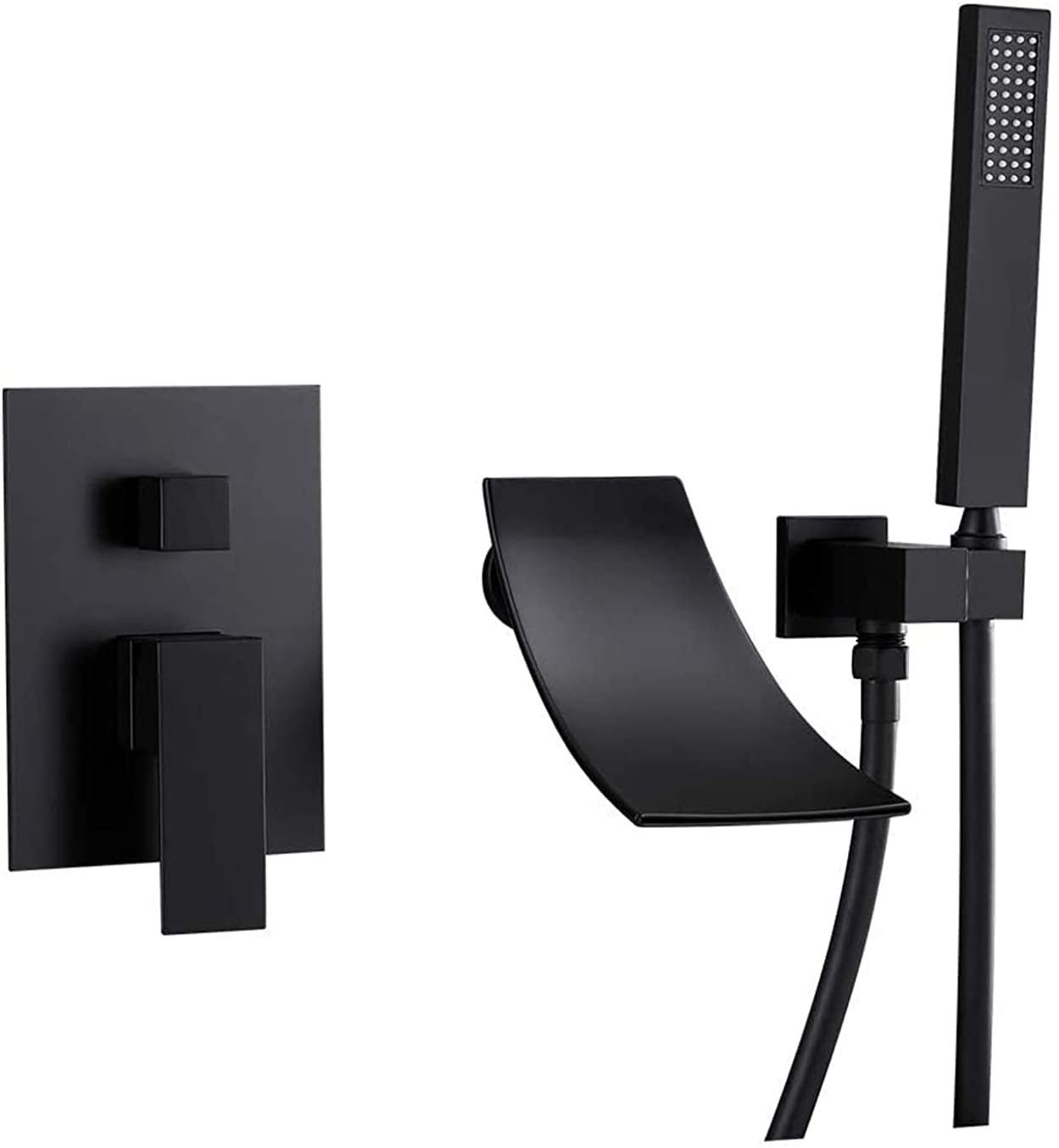 Matte Black Wall Mounted Solid Brass Shower Faucet with Hand Shower - Single Handle Waterfall Tub Filler for Modern Bathroom | Bathtub & Shower Combo, Durable Brass Construction, Matte Black Finish