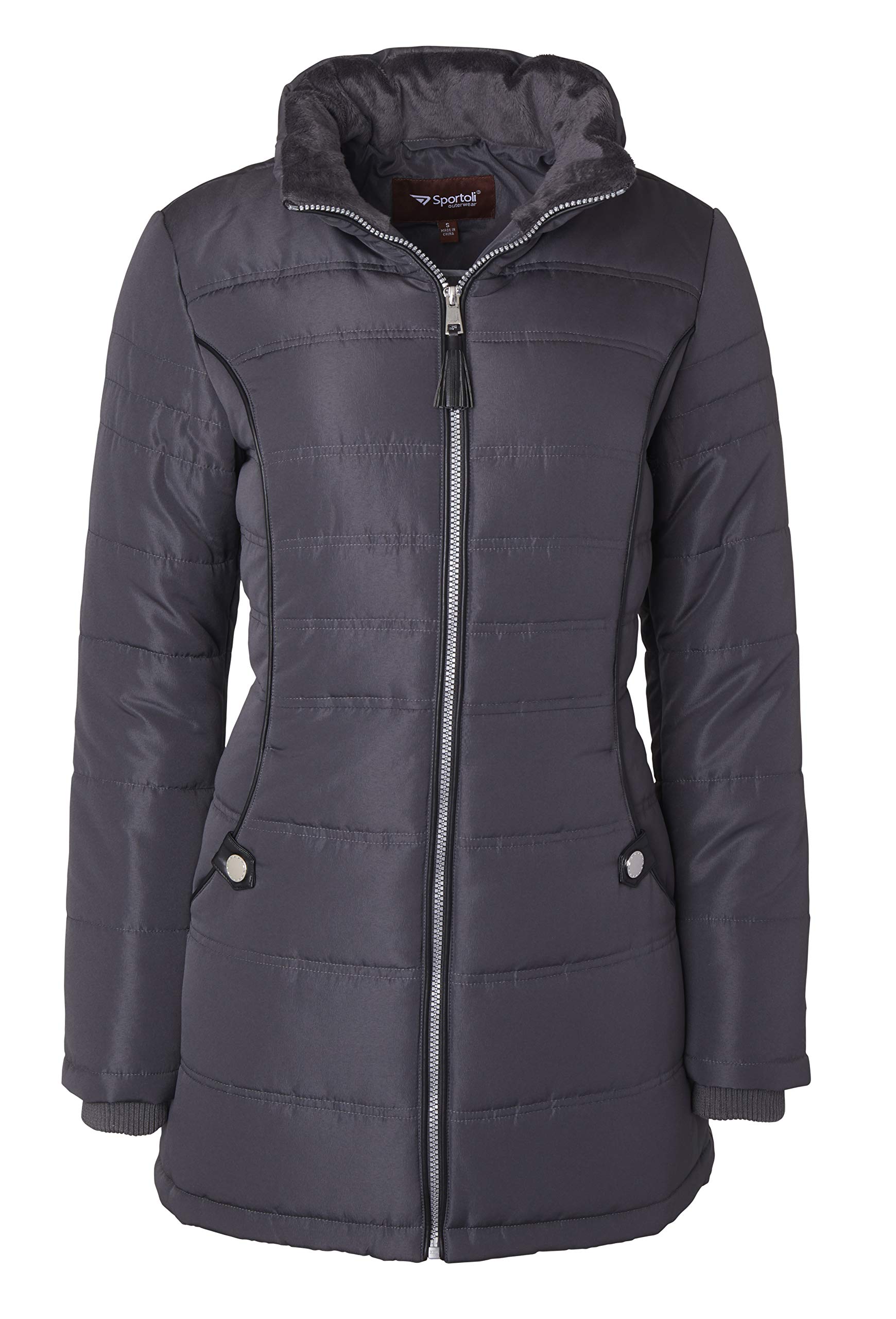 Women's Warm Long Down Alternative Puffer Jacket with Detachable Plush-Lined Fur Hood - Charcoal (Small) | Winter Coat for Cold Weather, Outdoor Activities & Daily Commute