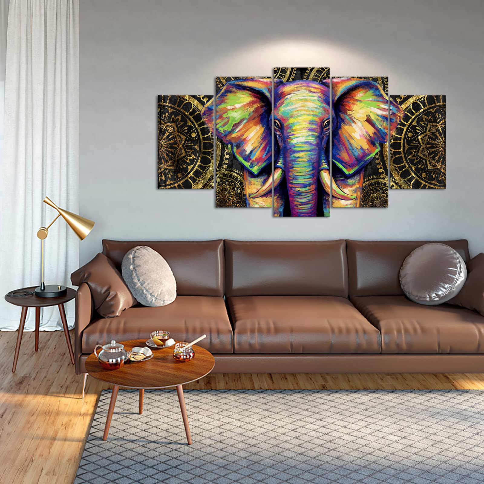 African Animal Canvas Wall Art - Elephant Mandala Painting Framed Print, Bohemian Boho Flower Decor for Living Room, Bedroom & Office (60x32 Inches)