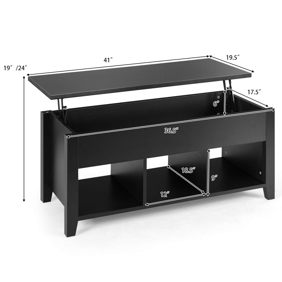 Lift Top Coffee Table with Hidden Storage - Modern Minimalist Wooden Coffee Table with 3 Open Cube Shelves for Living Room & Office - Perfect for Small Spaces, Home Decor & Organization (Black)