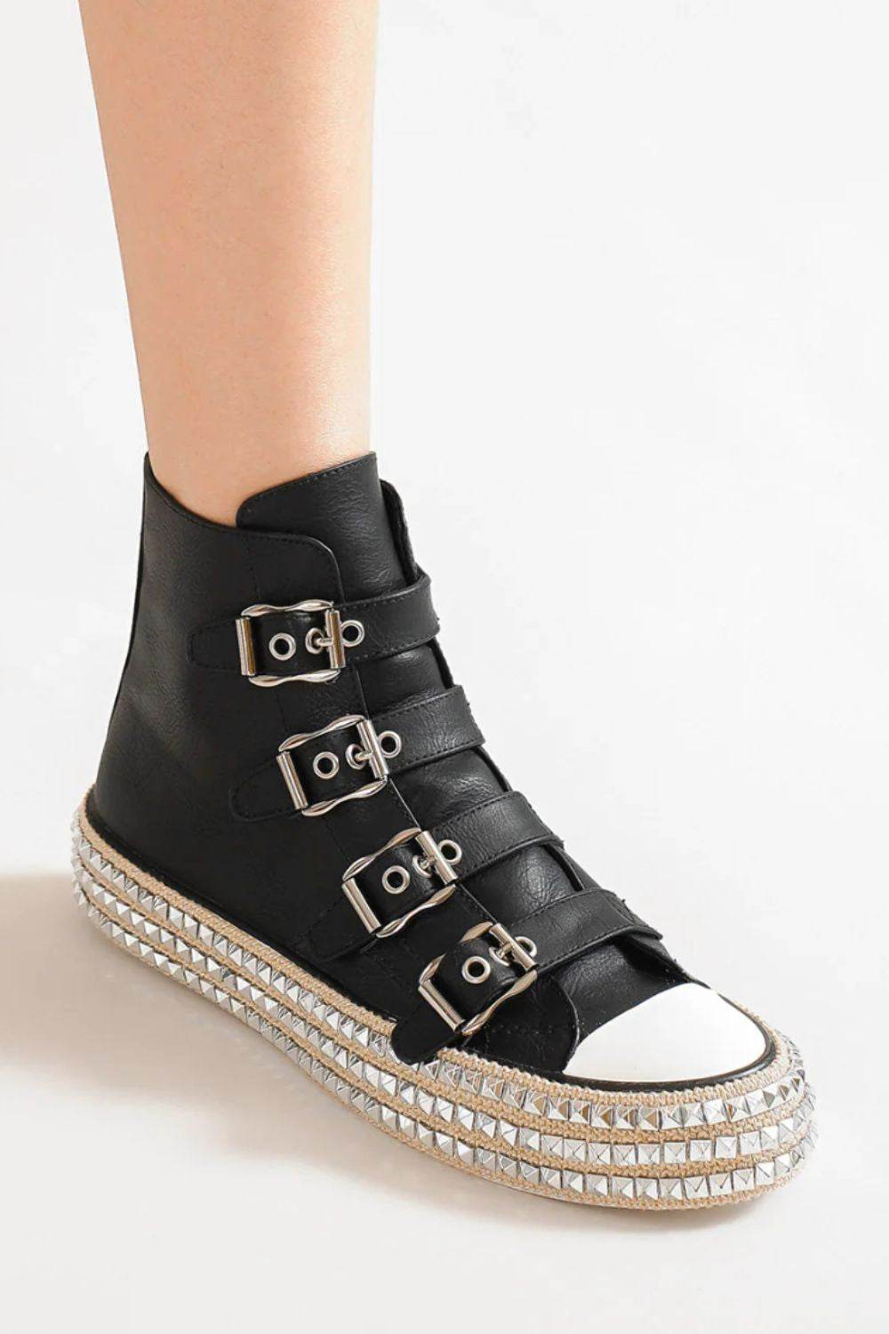 Beast Fashion Black Studded Multi-Buckle Straps Platform Sneakers for Women - Edgy Gothic Streetwear & Punk Fashion Shoes for Concerts, Parties & Night Out