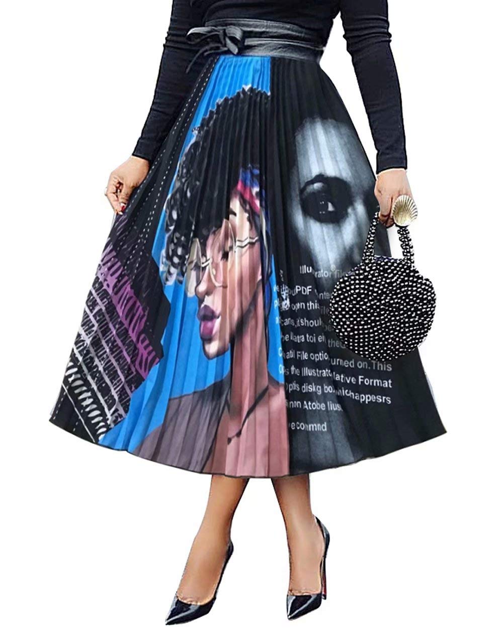 ThusFar Women's Graffiti Pleated Skirts - Cartoon Printed Elastic Waist A-Line Swing Midi Skirt for Casual Wear, Street Style & Summer Outfits