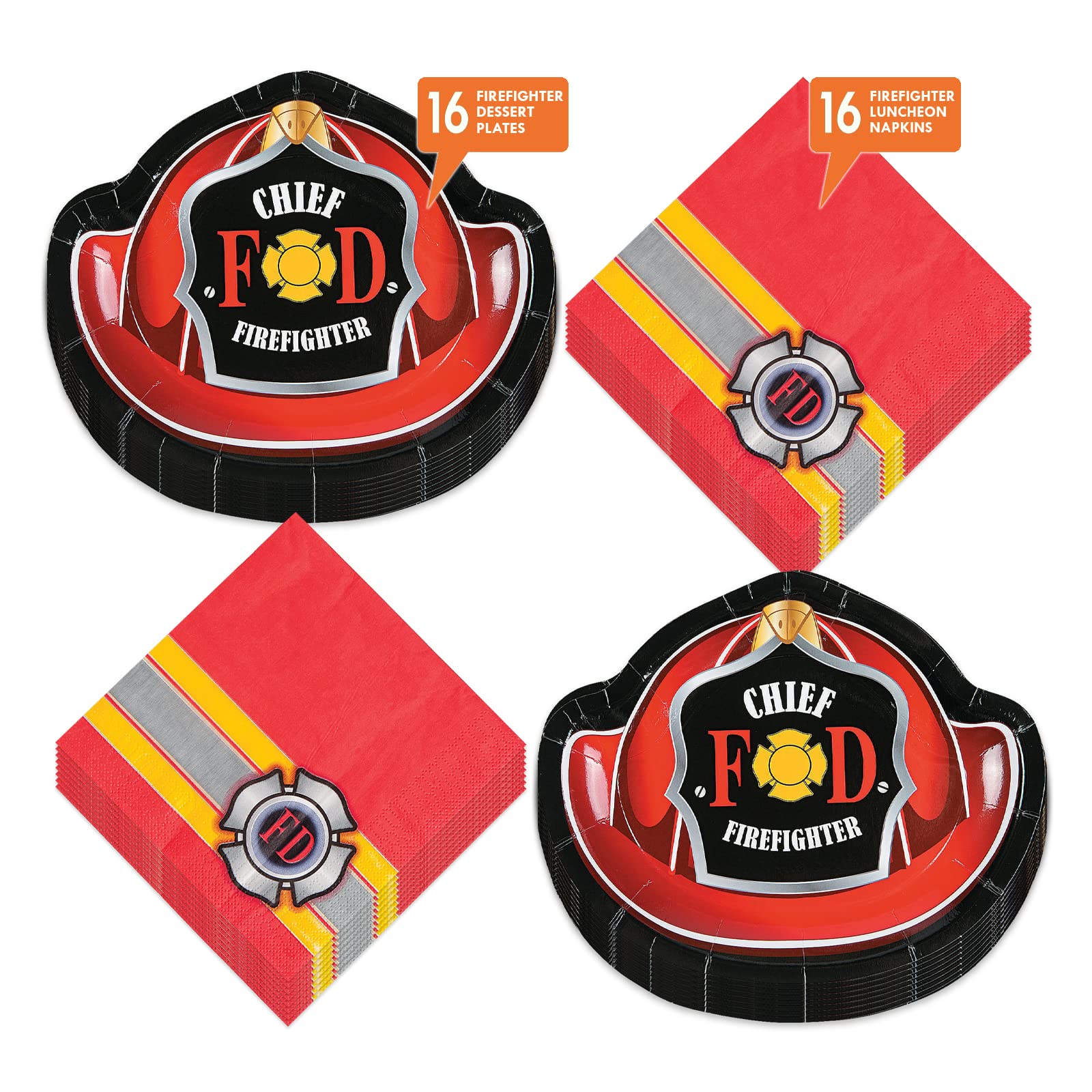 Firefighter Party Supplies Set - 16 Fireman Chief Helmet Paper Plates & Luncheon Napkins for Birthday, Baby Shower & Themed Events - HOME & HOOPLA