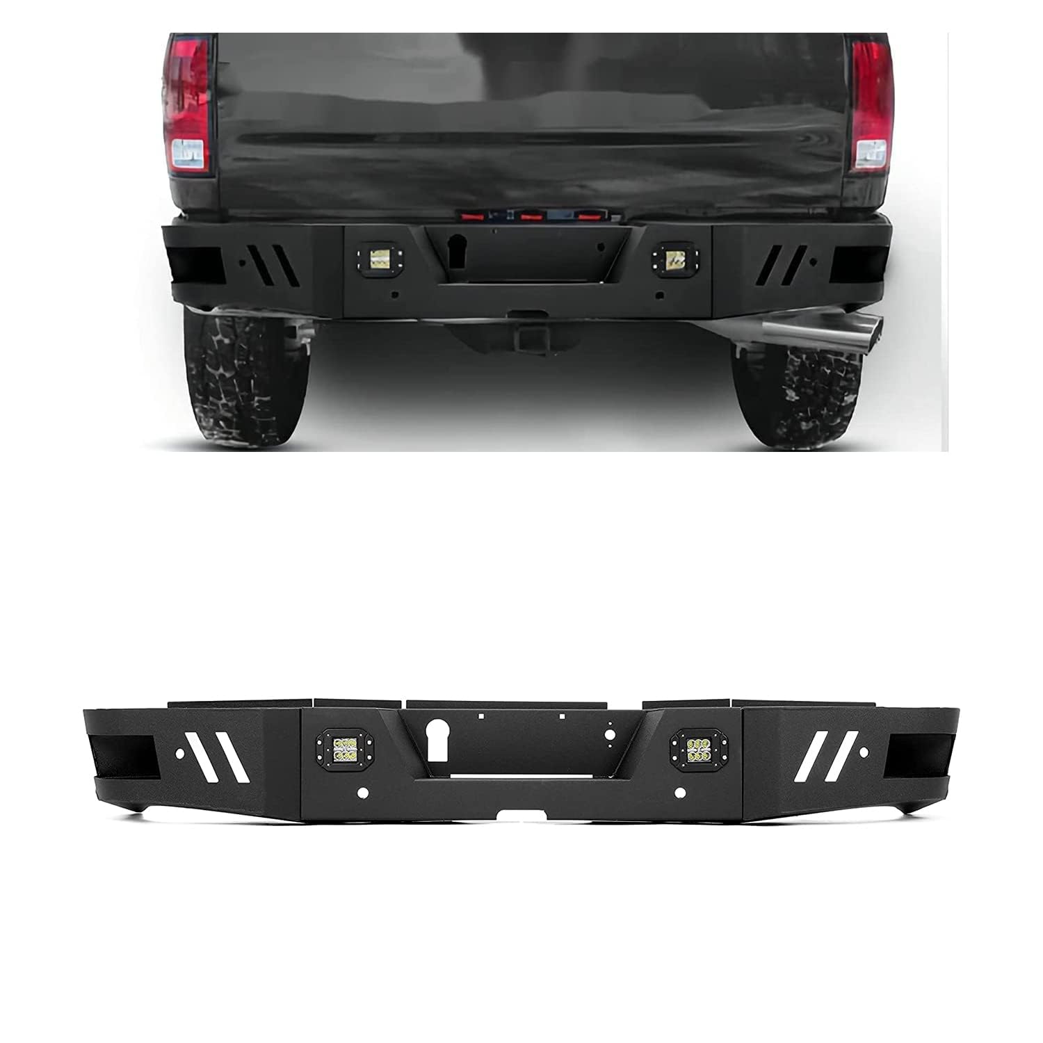 KUAFU Heavy Duty Rear Step Bumper with 2x18W LED Lights | Compatible with 2010-2024 Dodge Ram 2500/3500 | Steel Bumper Guard for Off-Roading & Truck Protection
