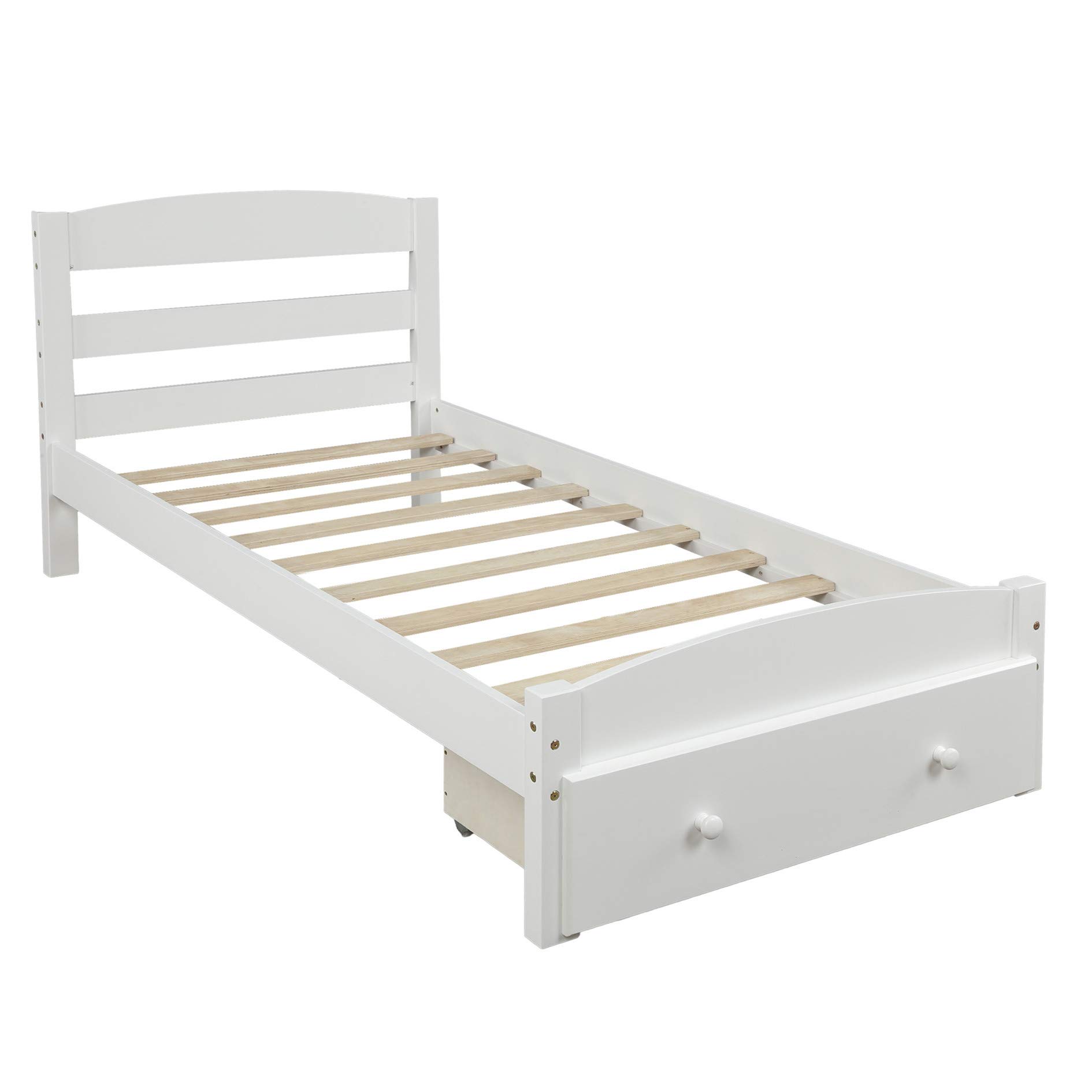 MERITLINE Twin Bed Frame with Storage Drawers - Wooden Platform Bed with Headboard & Slat Support - No Box Spring Required - White - Perfect for Small Spaces, Guest Rooms & Dormitories