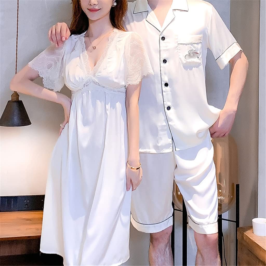 Sexy Couple Pajama Set - Women's Summer Ice Silk Nightdress & Men's Matching Suit | Comfortable Sleepwear for Couples | Romantic Date Night, Anniversary Gift & Cozy Home Wear (Color A, Women-XL)