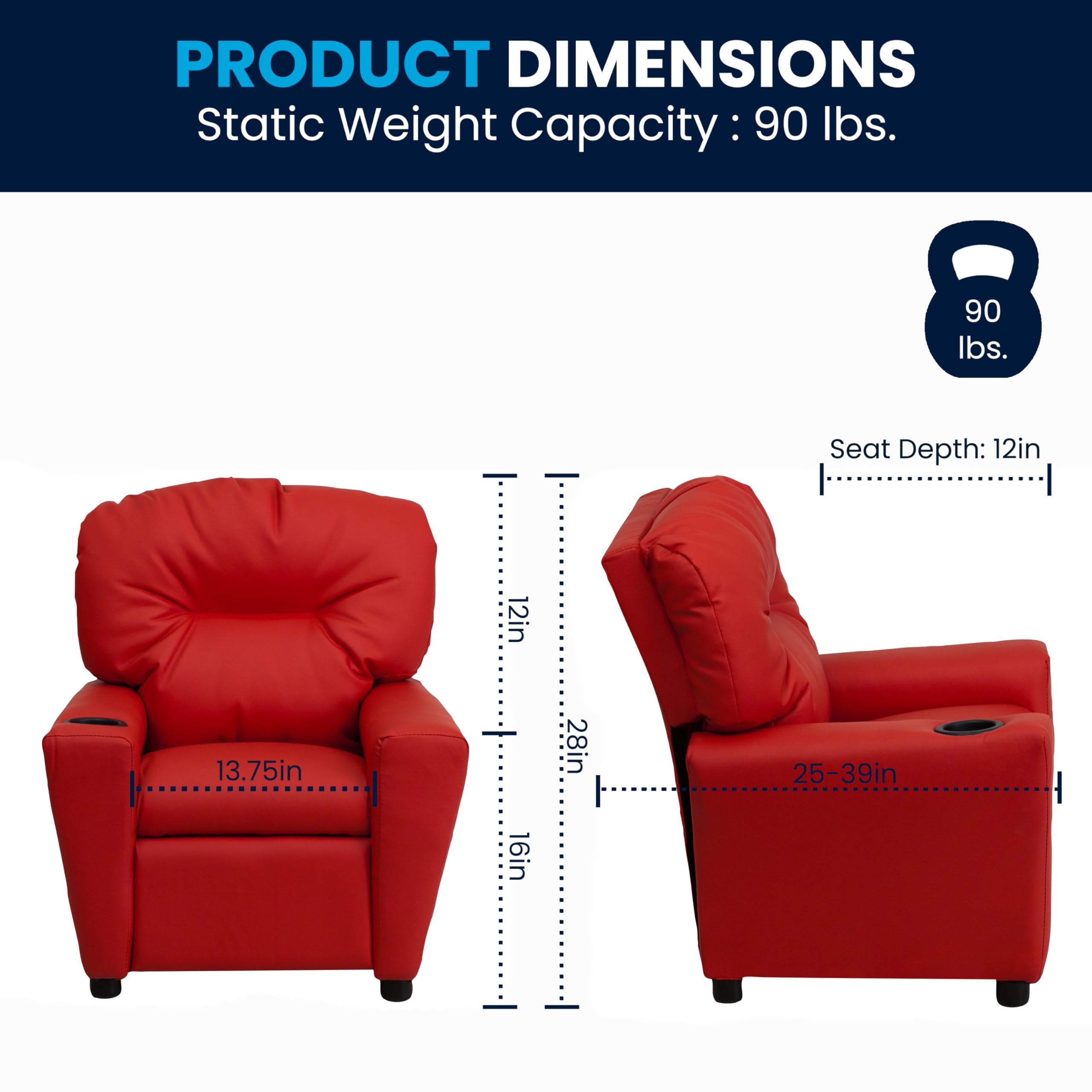 Flash Furniture Chandler Vinyl Kids Recliner with Cup Holder & Safety Recline - Contemporary Reclining Chair for Children (Supports up to 90 lbs, Red) - Perfect for Playrooms, Bedrooms & Movie Nights