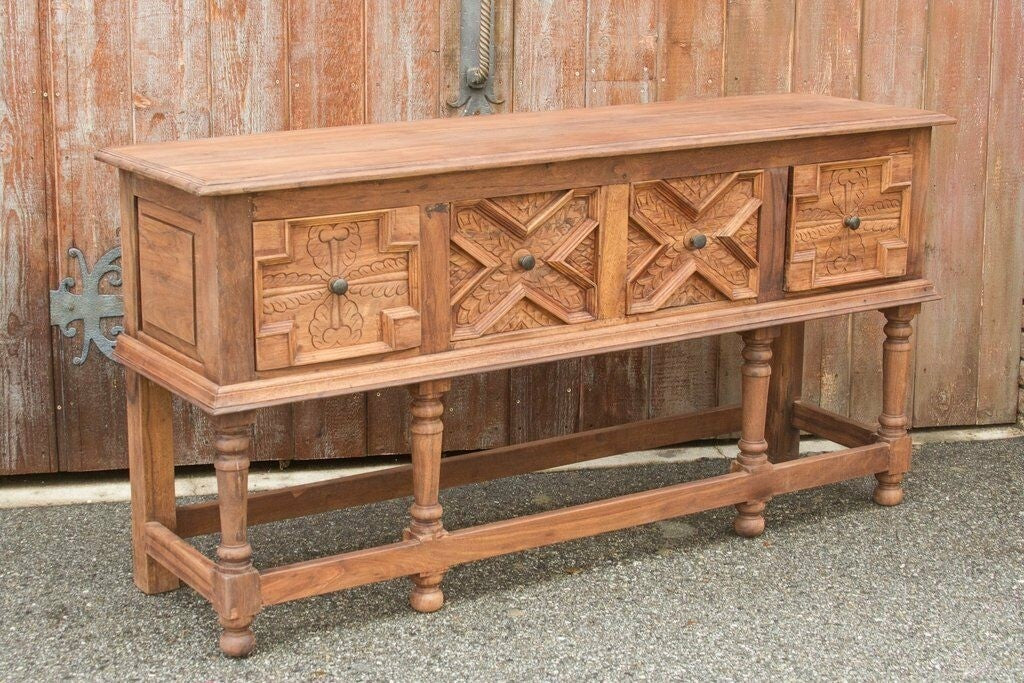 Hand Carved Solid Wood Hallway Console Table 140cm - Entryway Sofa Table for Living Room, Bedroom & Foyer Decor