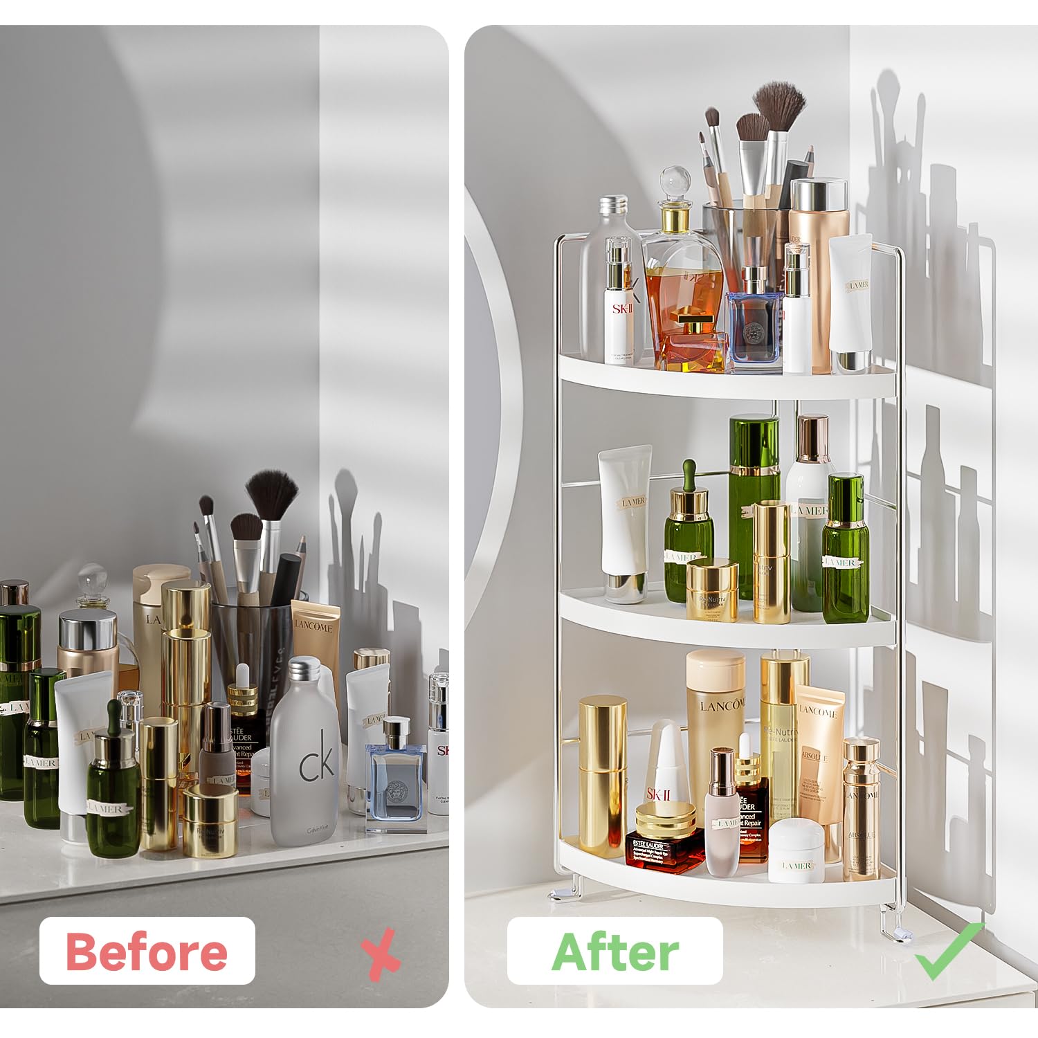 3-Tier Corner Spice Rack - White Kitchen & Bathroom Organizer for Spices, Cosmetics & Makeup - Space-Saving Countertop Shelf for Vanity, Pantry & Small Spaces
