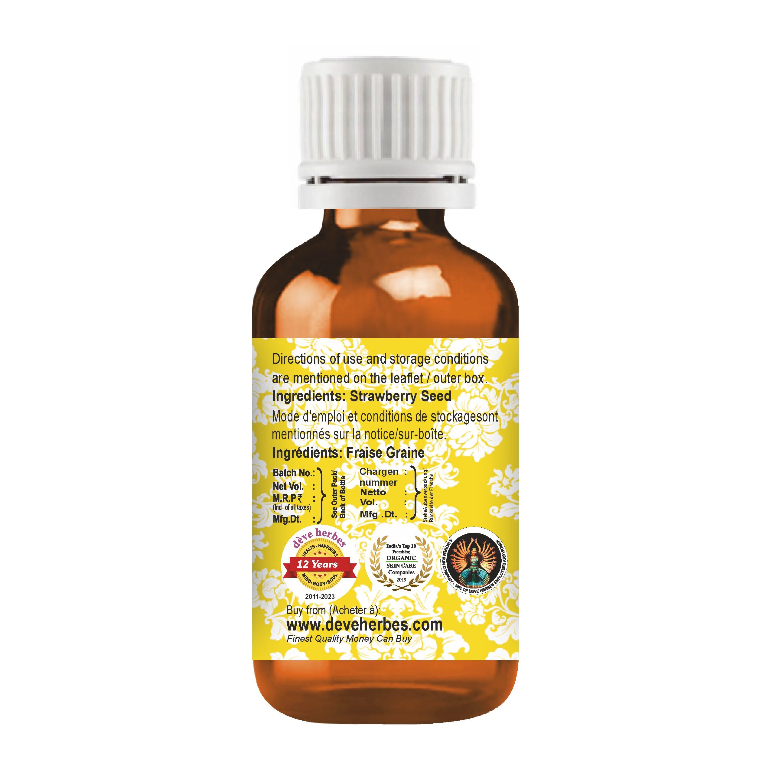 Pure Strawberry Seed Oil (Fragaria Ananassa) - 100% Natural, Therapeutic Grade, Cold Pressed - 15ml Bottle for Skin Care, Hair Growth & Aromatherapy
