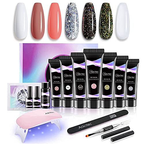 Aokitec 14Pcs Poly Nail Gel Kit - DIY Acrylic Nail Extension Kit with 7 Colors Polygel Polish, UV LED Nail Lamp & Builder Gel (3 Diamond + 4 Pure Shades) | Perfect for Salon, Home Manicures & Nail Art Designs