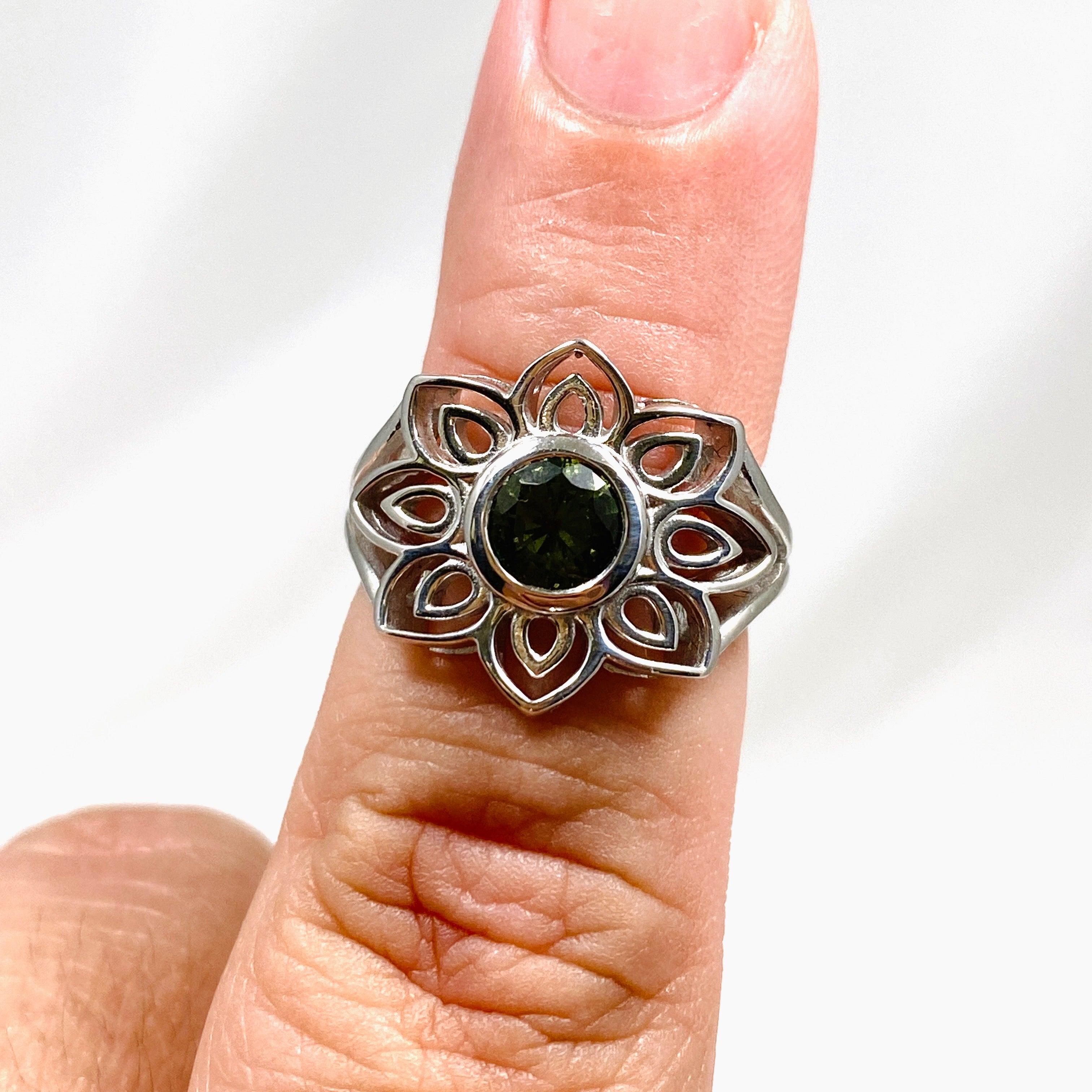 Lotus Moldavite Ring IVMR 01 - Genuine Moldavite Crystal Jewelry for Women, Sterling Silver Handmade Spiritual Ring - Perfect for Meditation, Energy Healing & Boho Fashion