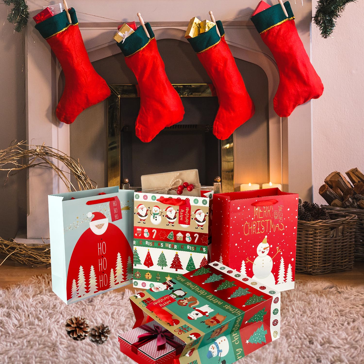SPERPAND 12Pcs Large Christmas Gift Bags with Tissues - Reusable Holiday Treat Bags with Handles, Festive Tote Goodie Bags for Xmas Gifts, Decorations & Party Favors | Perfect for Christmas Parties, Gift Wrapping & Holiday Decor