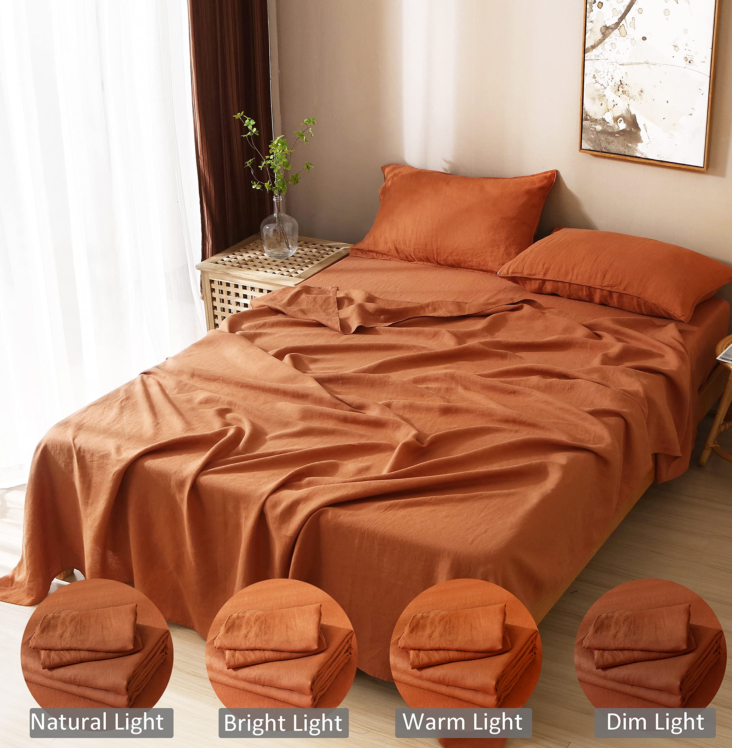 100% Organic French Linen Sheets Set - Stone Washed 4-Piece Natural Flax Bedding | Ultra Soft & Luxurious King Size (Caramel) for Master Bedroom & Guest Room | Eco-Friendly Breathable Bed Sheets for All Seasons