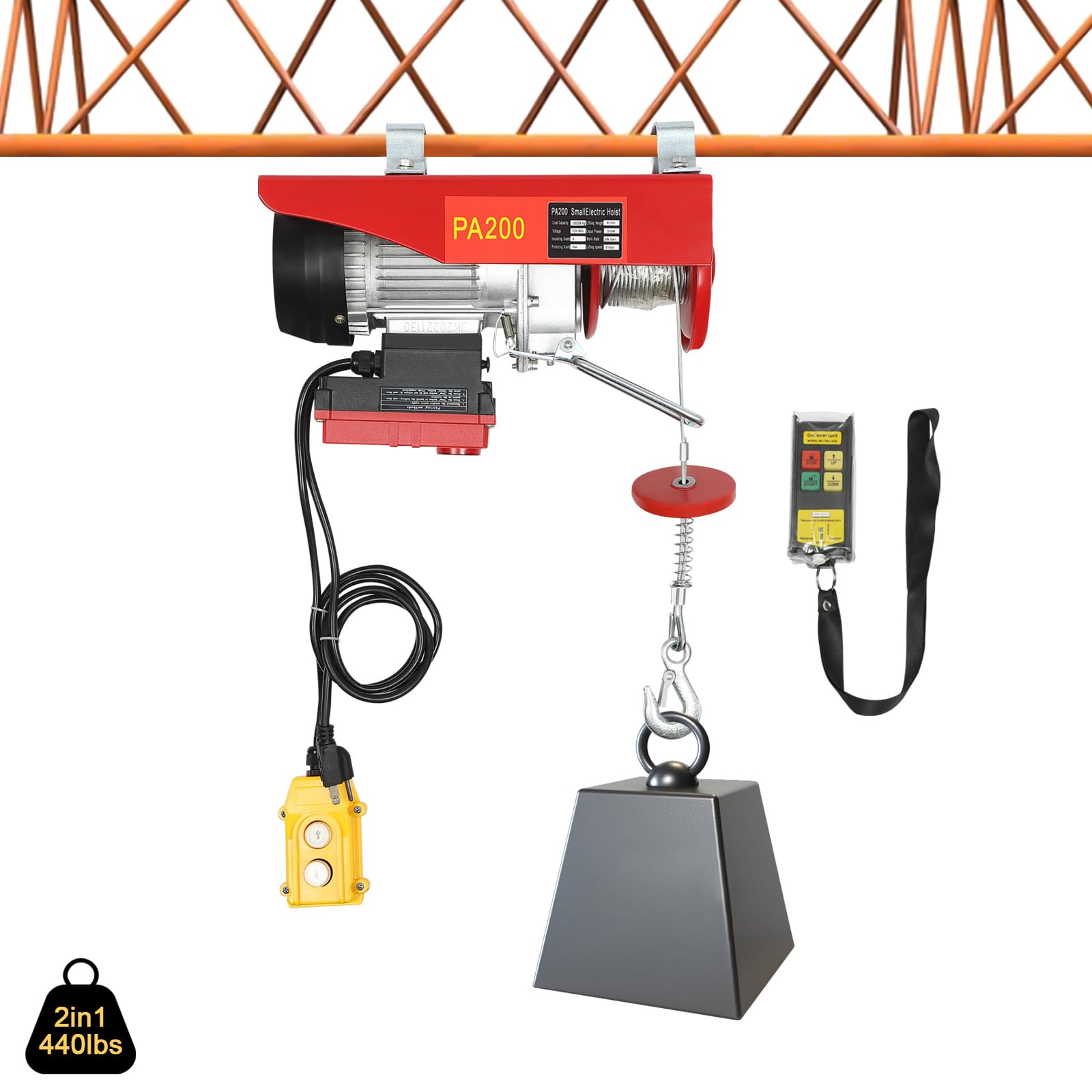 440LBS Electric Hoist with Wireless Remote Control - 510W Steel Electric Winch for Factory, Warehouse & Construction Lifting - Single/Double Slings 110V Electric Lift for Heavy Duty Material Handling