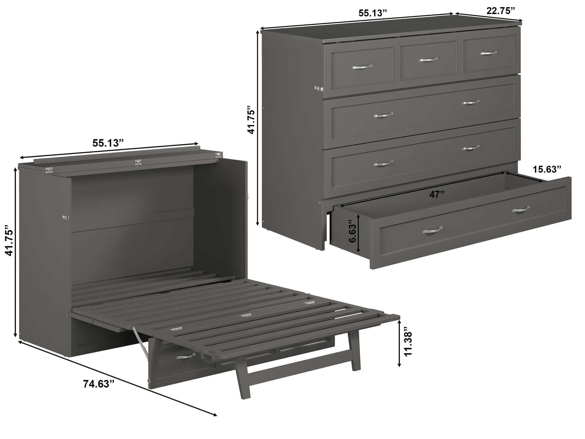 AFI Deerfield Full Size Murphy Bed with Built-in USB Charger, Grey - Space Saving Wall Bed for Small Apartments, Guest Rooms & Home Offices