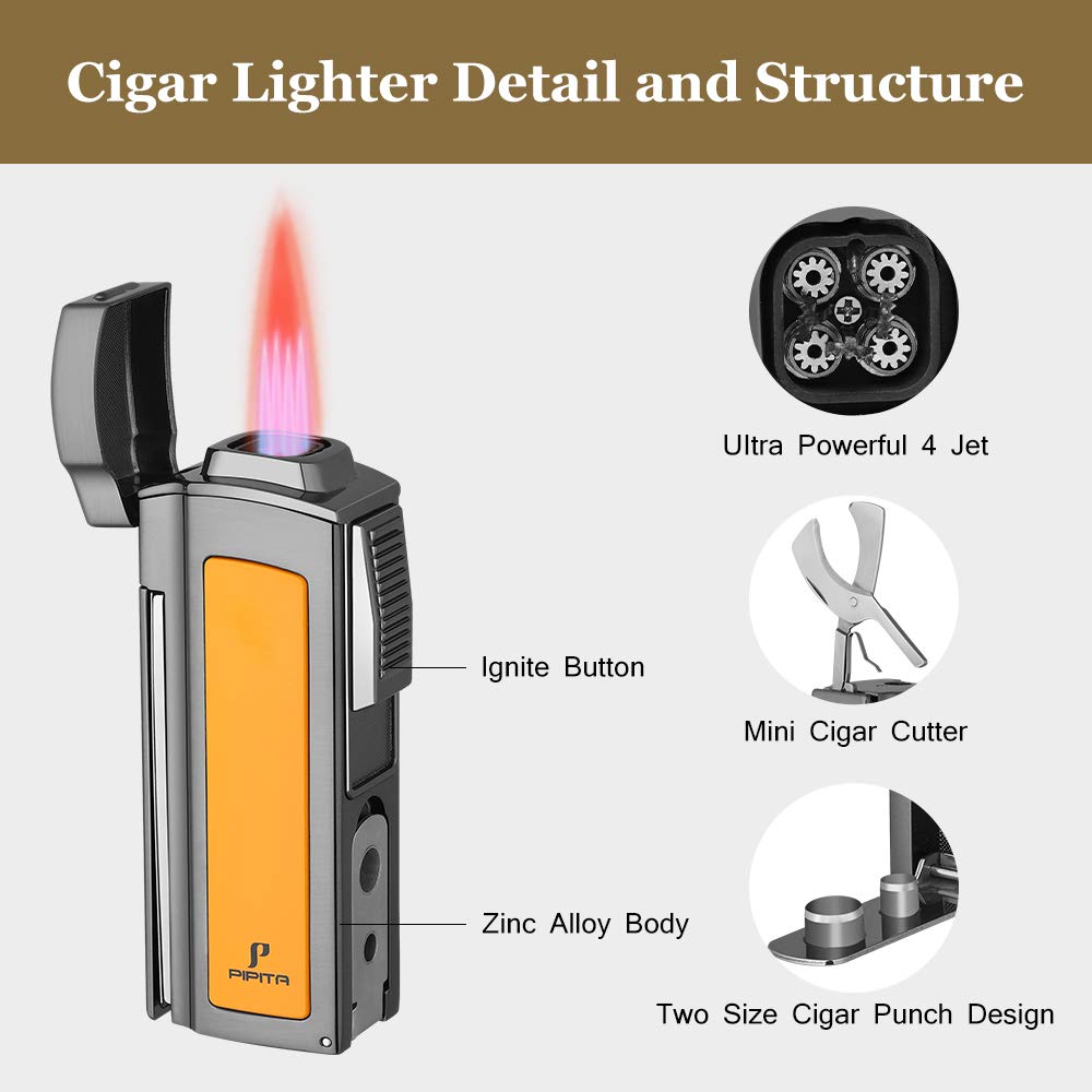 PIPITA Windproof Jet Lighter - Quad Blue Flame Butane Torch for Cigars & Outdoor Use