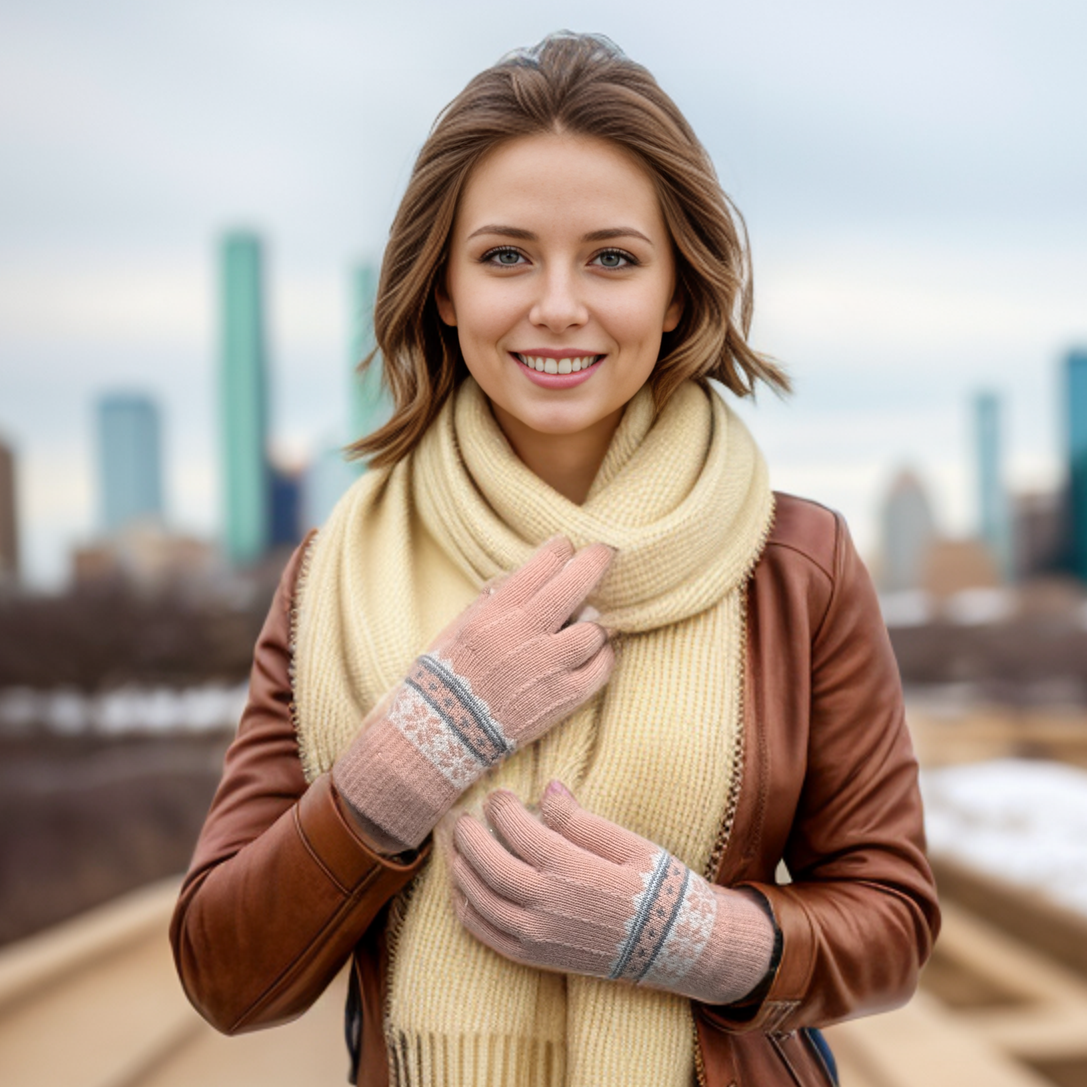 Nordic Style Winter Gloves for Women - Soft Warm Pink Knitted Gloves - Perfect for Cold Weather, Outdoor Activities, and Fashion Accessories