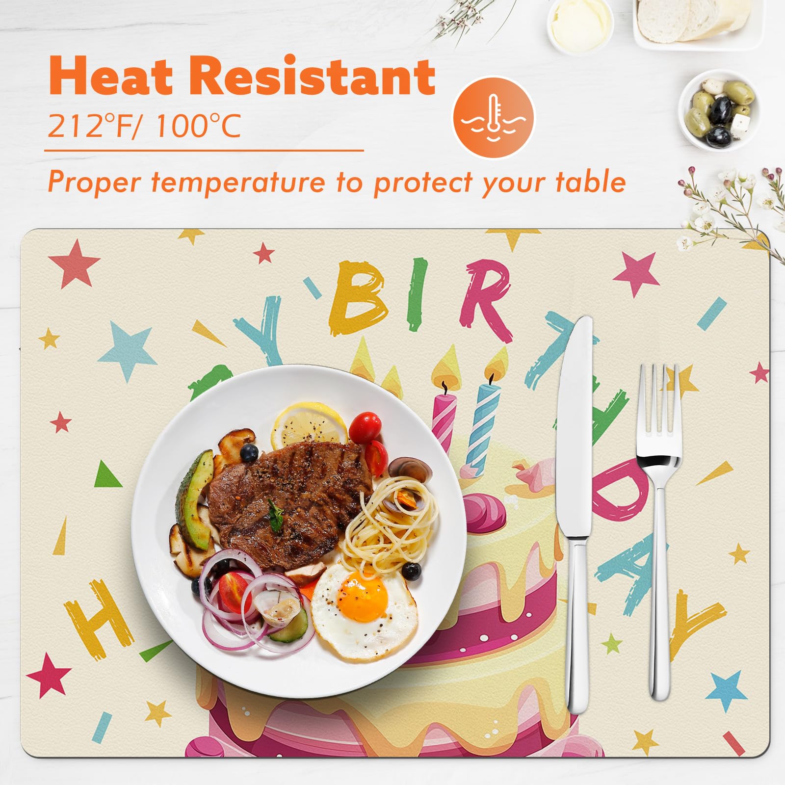 4-Pack Birthday Party Placemats - Faux Leather Table Mats for Indoor/Outdoor Use | Washable, Non-Slip & Heat Resistant | Perfect for Birthday Celebrations, Kitchen Dining, and Outdoor Gatherings