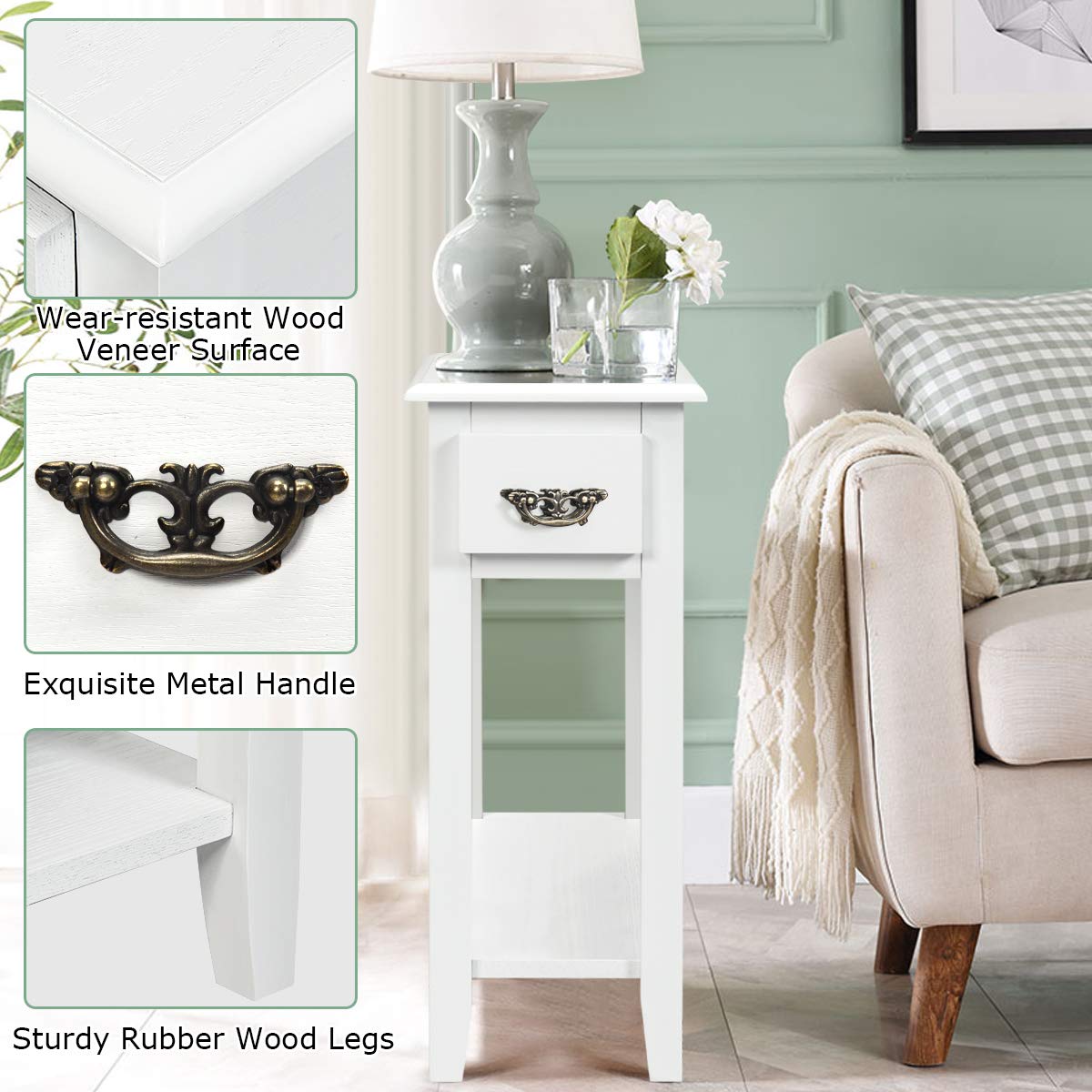 Tangkula Slim Narrow End Table with Drawer & Open Shelf - Small Space-Saving Side Table for Living Room, Bedroom, Nightstand - 9.8 x 23.6 x 23.6 Inches (White) - Perfect for Apartments, Dorms & Tight Spaces