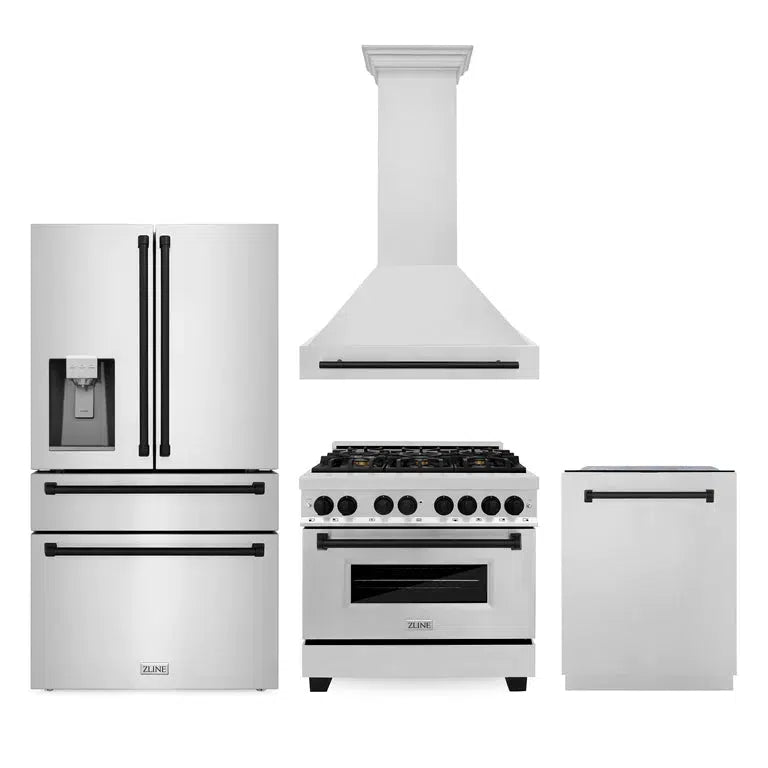 ZLINE Autograph Edition 36-inch Stainless Steel Kitchen Package - Dual Fuel Range, Range Hood, Dishwasher & Refrigerator with External Water Dispenser - Matte Black Accents (4AKPR RARHDWM36 MB) | Premium Kitchen Appliances for Modern Homes & Professional Chefs