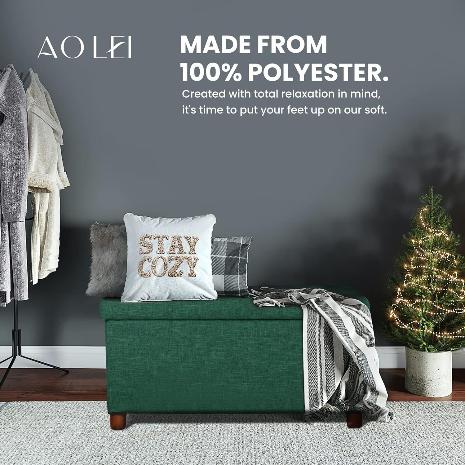 30 Inch Storage Ottoman Bench with Wooden Legs - Linen Fabric Green - Multi-Functional Foot Rest & Seat with Removable Lid - Perfect for Living Room, Bedroom End of Bed & Entryway Storage Solution
