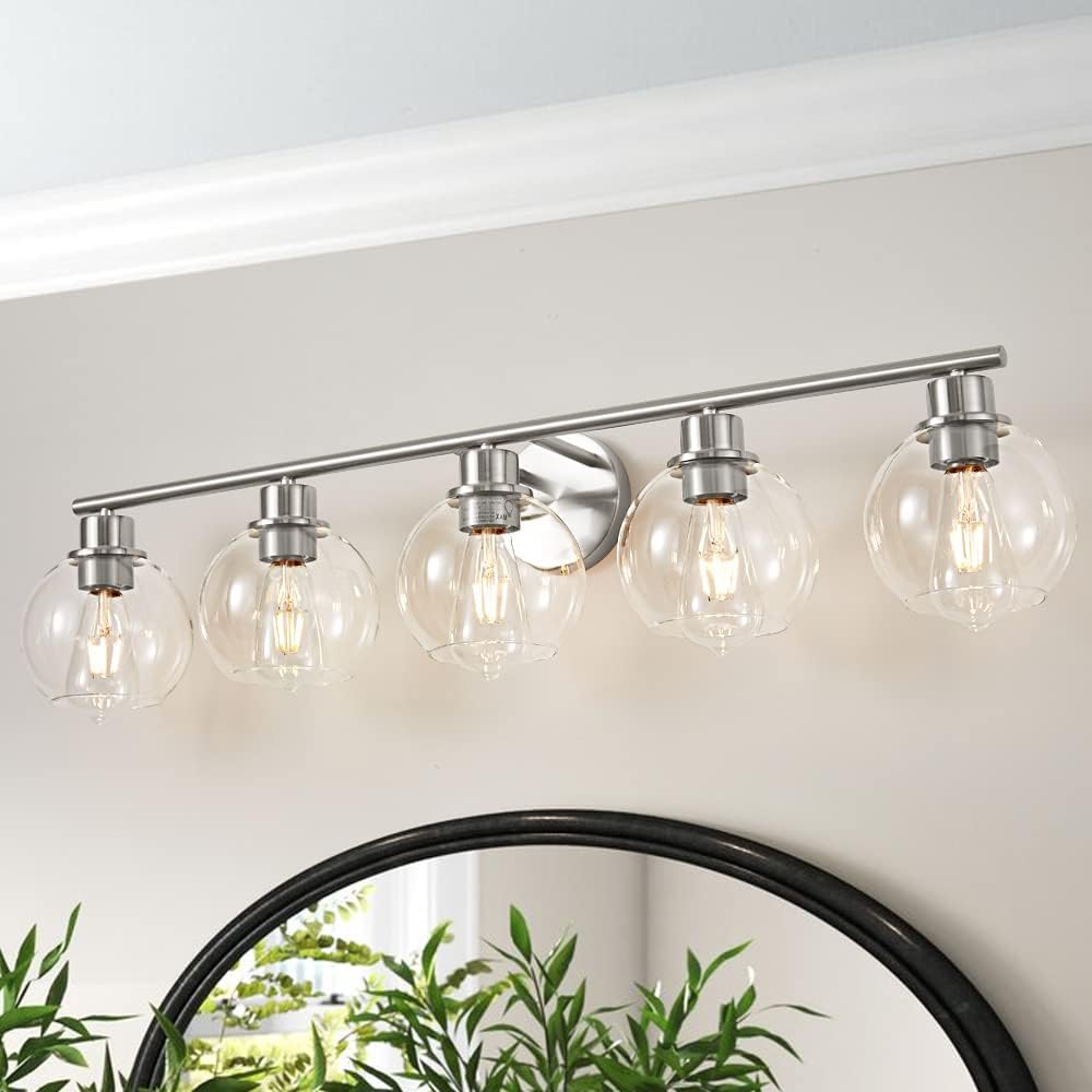 5-Light Modern Bathroom Vanity Light Fixture - 37.4 Inch Brushed Nickel Wall Sconce with Clear Globe Glass Shades for Mirror Lighting | Perfect for Bathroom, Powder Room & Dressing Area Illumination